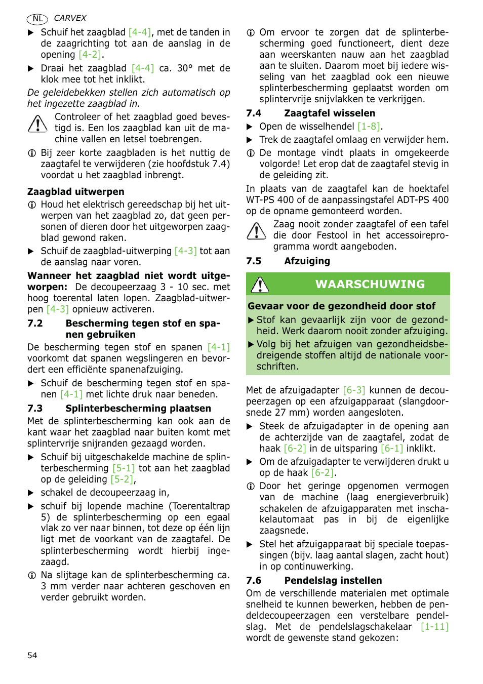 Waarschuwing | Festool PSBC 400 EB CARVEX User Manual | Page 54 / 132