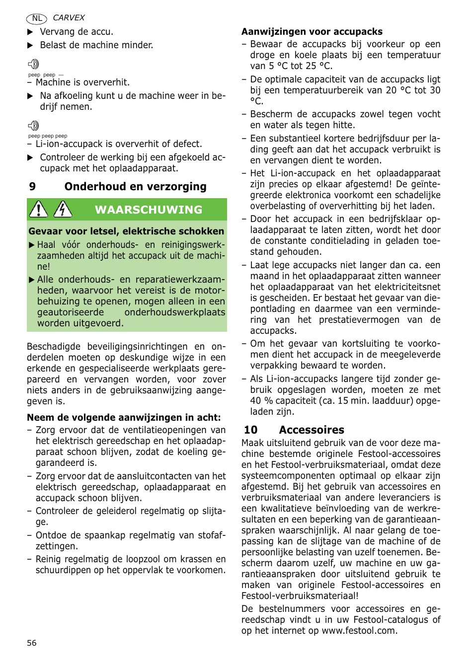 9onderhoud en verzorging, 10 accessoires, Waarschuwing | Festool PSBC 400 EB CARVEX User Manual | Page 56 / 132