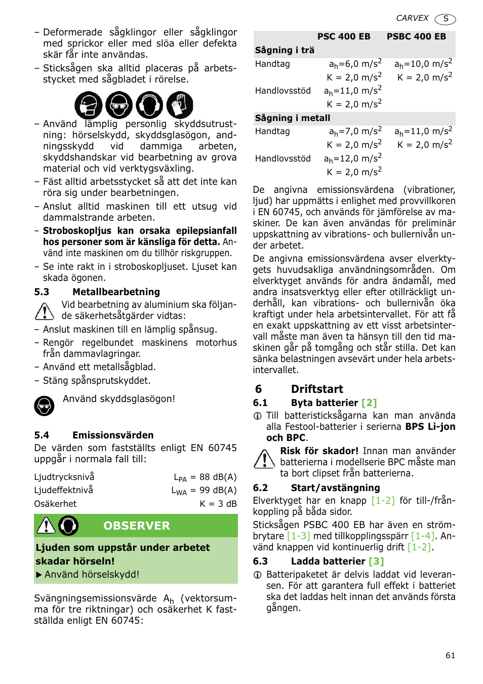 6driftstart, Observer | Festool PSBC 400 EB CARVEX User Manual | Page 61 / 132
