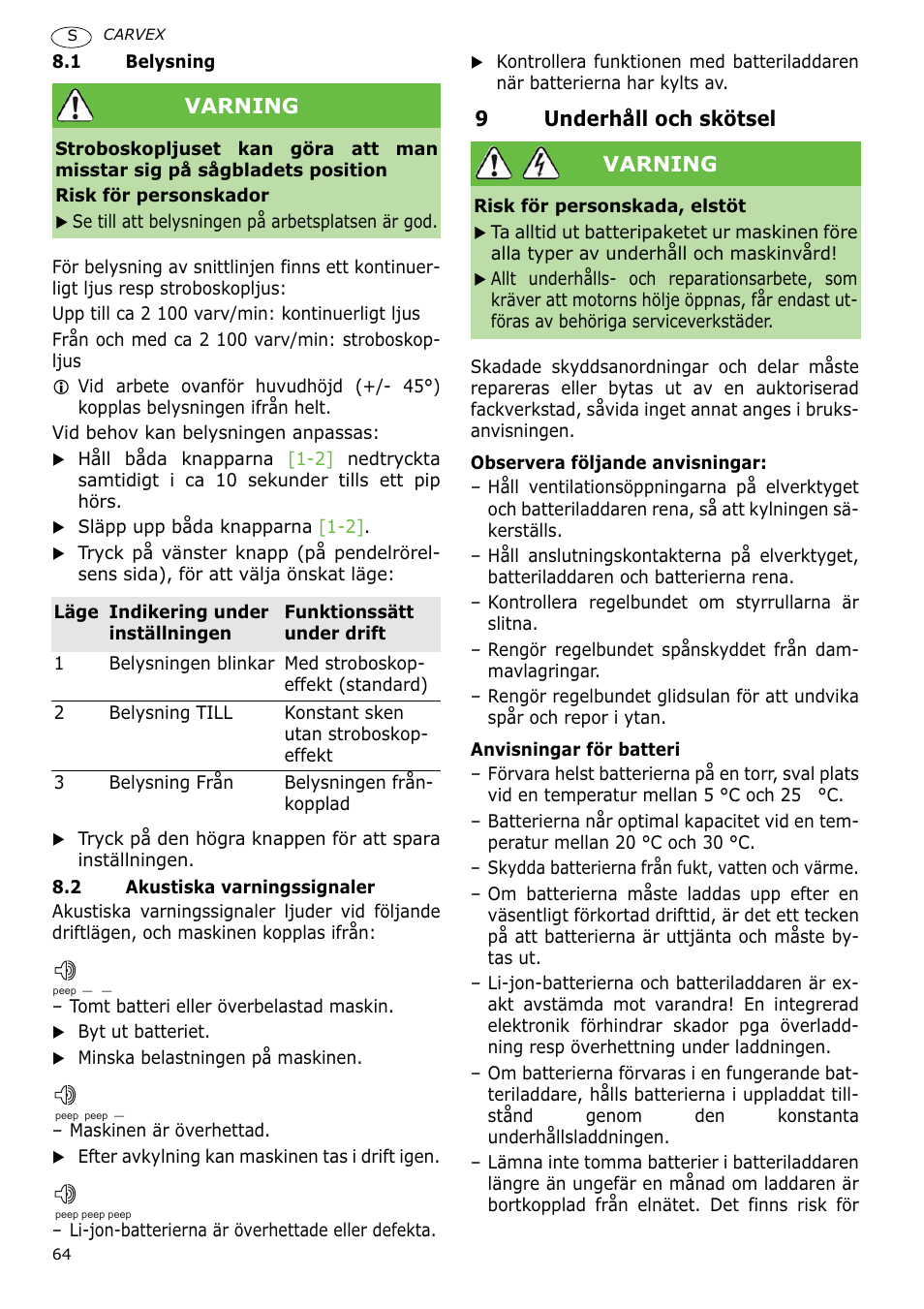 9underhåll och skötsel, Varning | Festool PSBC 400 EB CARVEX User Manual | Page 64 / 132
