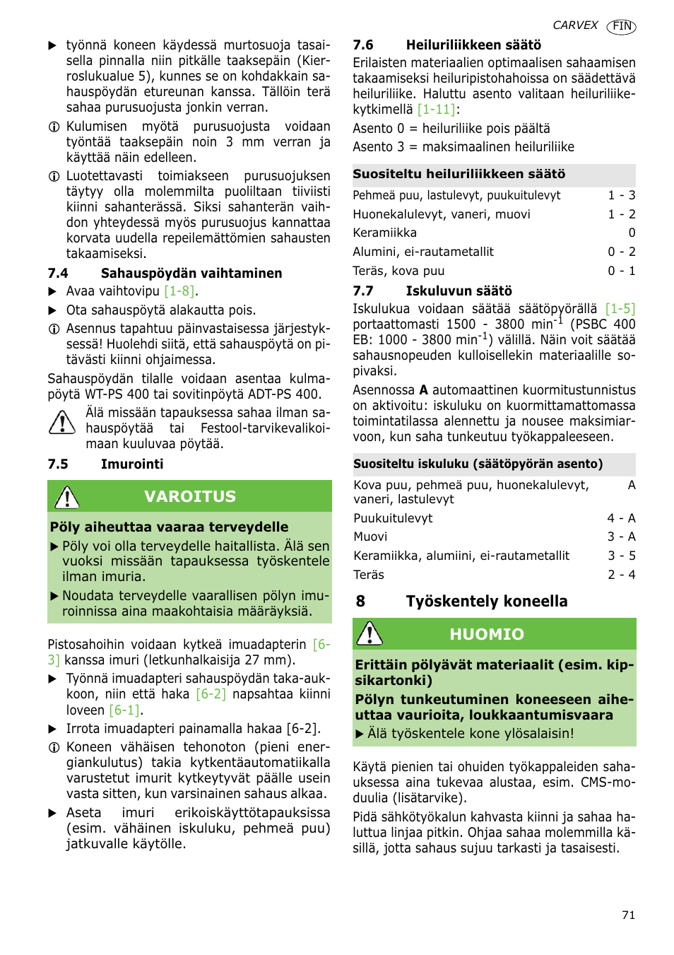 8työskentely koneella, Varoitus, Huomio | Festool PSBC 400 EB CARVEX User Manual | Page 71 / 132