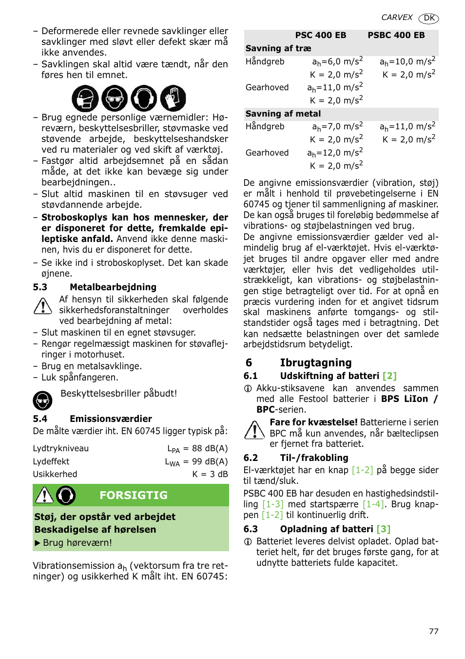 6ibrugtagning, Forsigtig | Festool PSBC 400 EB CARVEX User Manual | Page 77 / 132