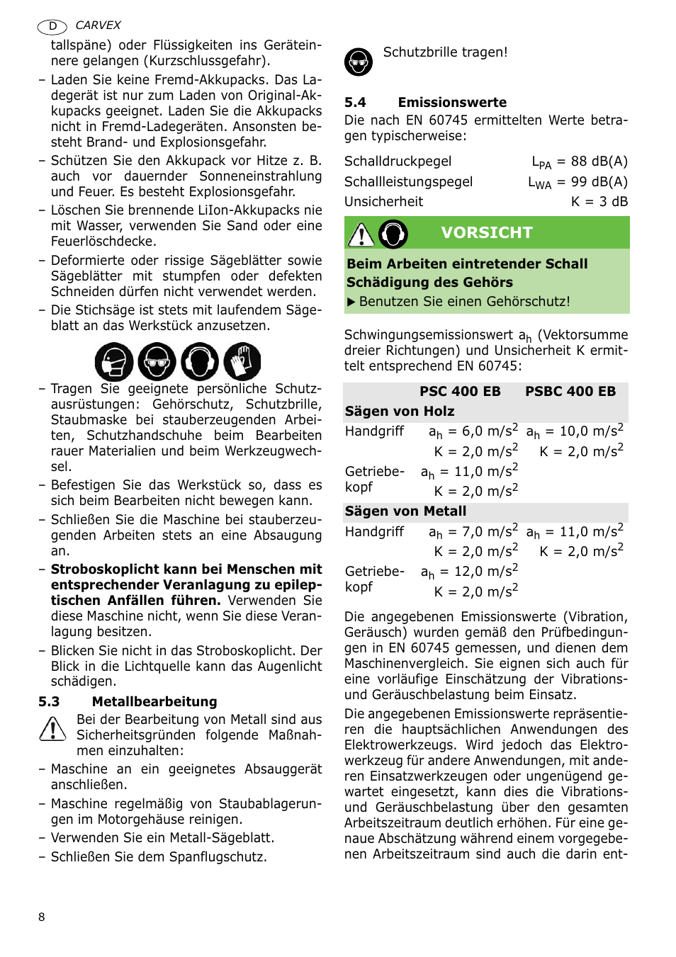 Vorsicht | Festool PSBC 400 EB CARVEX User Manual | Page 8 / 132