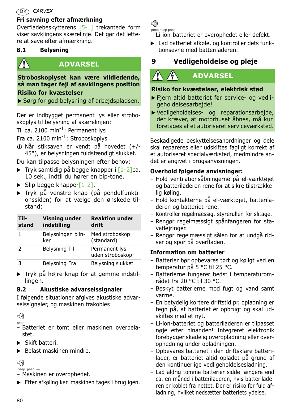 9vedligeholdelse og pleje, Advarsel | Festool PSBC 400 EB CARVEX User Manual | Page 80 / 132