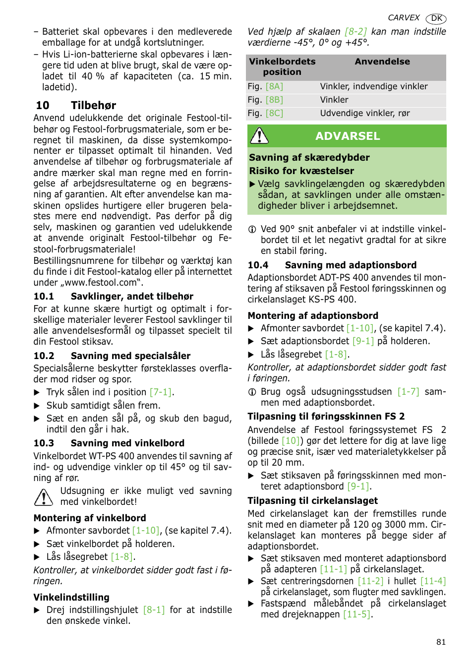 10 tilbehør, Advarsel | Festool PSBC 400 EB CARVEX User Manual | Page 81 / 132