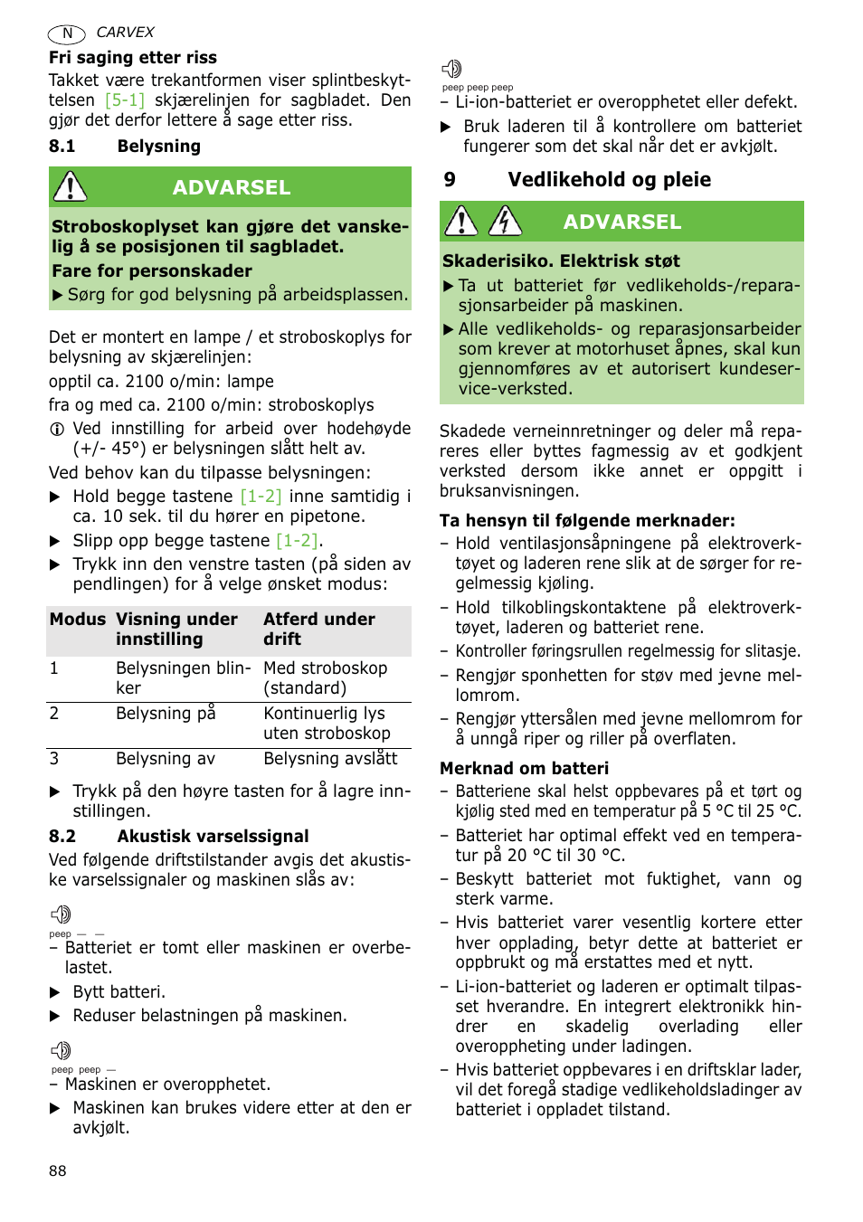 9vedlikehold og pleie, Advarsel | Festool PSBC 400 EB CARVEX User Manual | Page 88 / 132