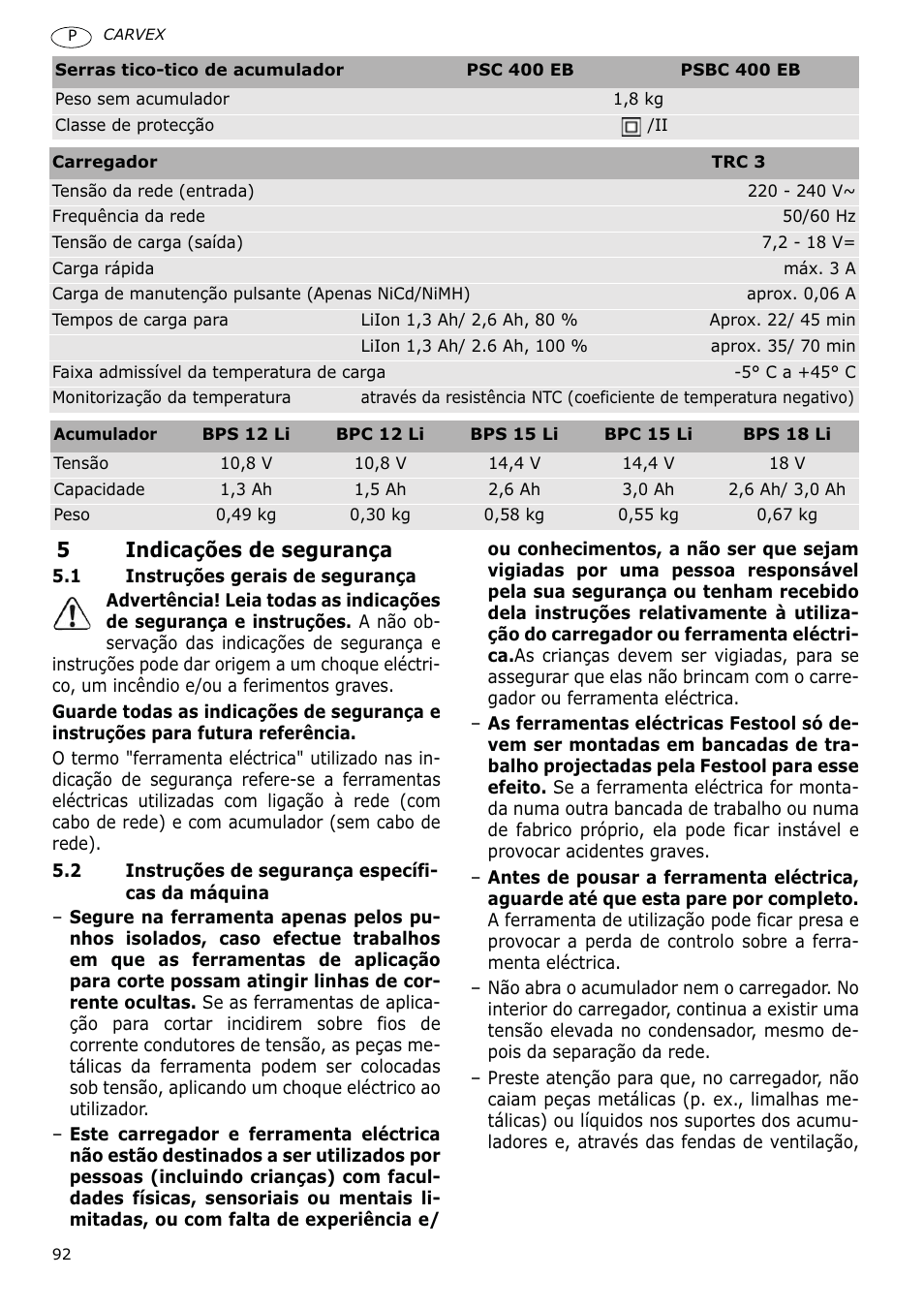 5indicações de segurança | Festool PSBC 400 EB CARVEX User Manual | Page 92 / 132