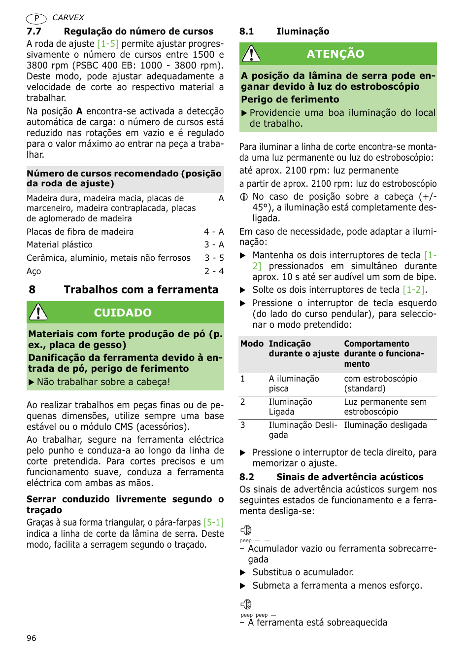 8trabalhos com a ferramenta, Cuidado, Atenção | Festool PSBC 400 EB CARVEX User Manual | Page 96 / 132