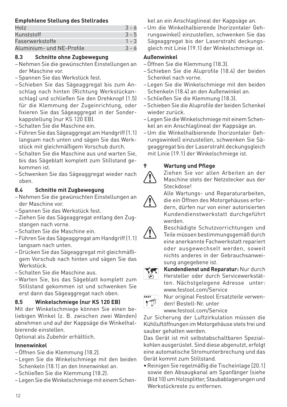Festool KS 88 E User Manual | Page 12 / 138