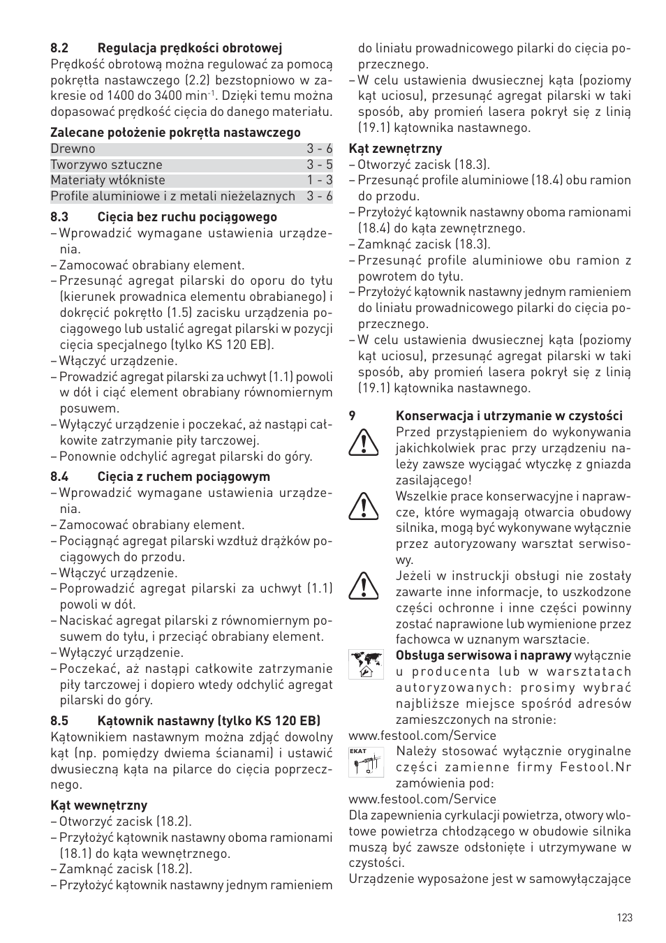 Festool KS 88 E User Manual | Page 123 / 138