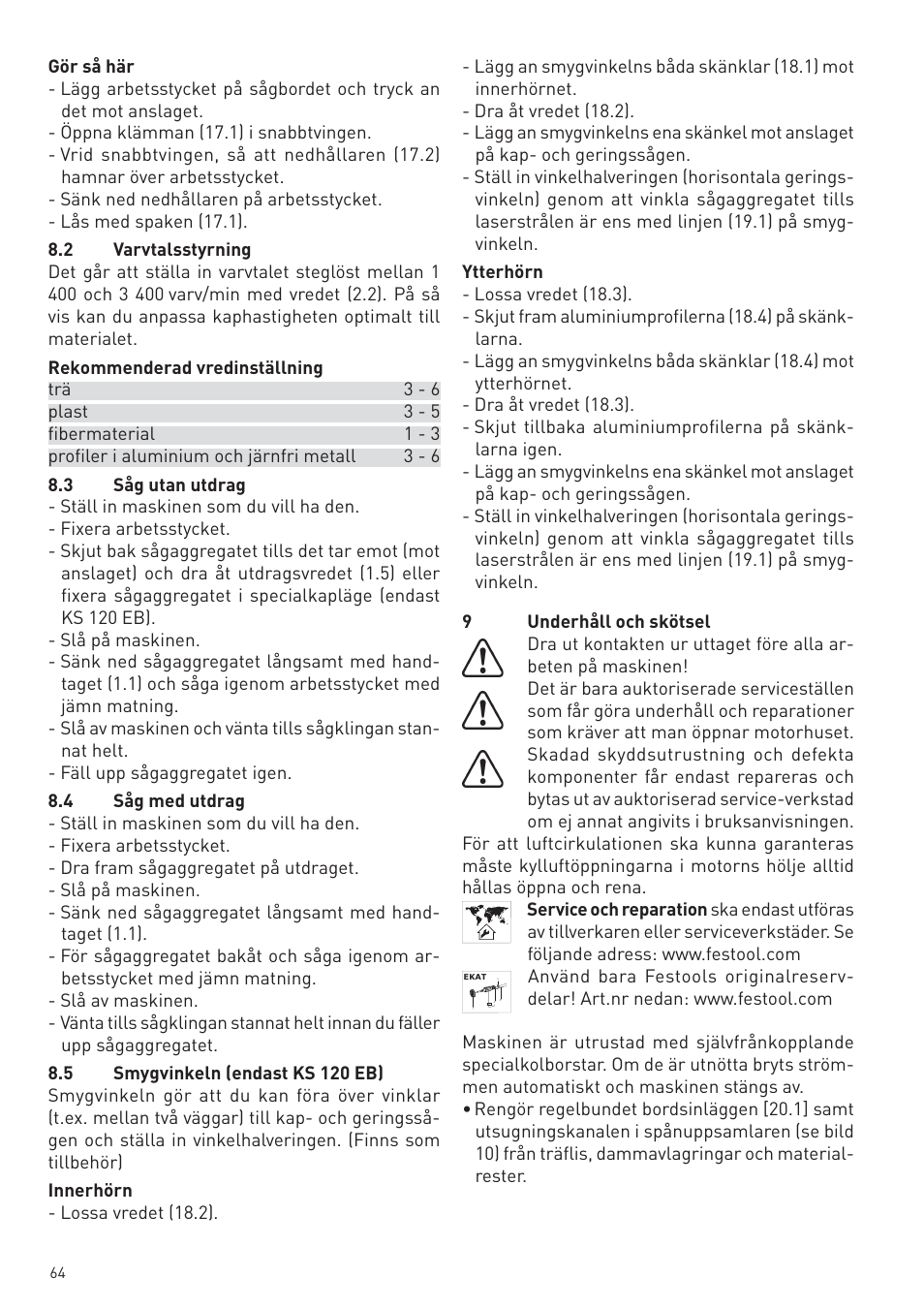 Festool KS 88 E User Manual | Page 64 / 138