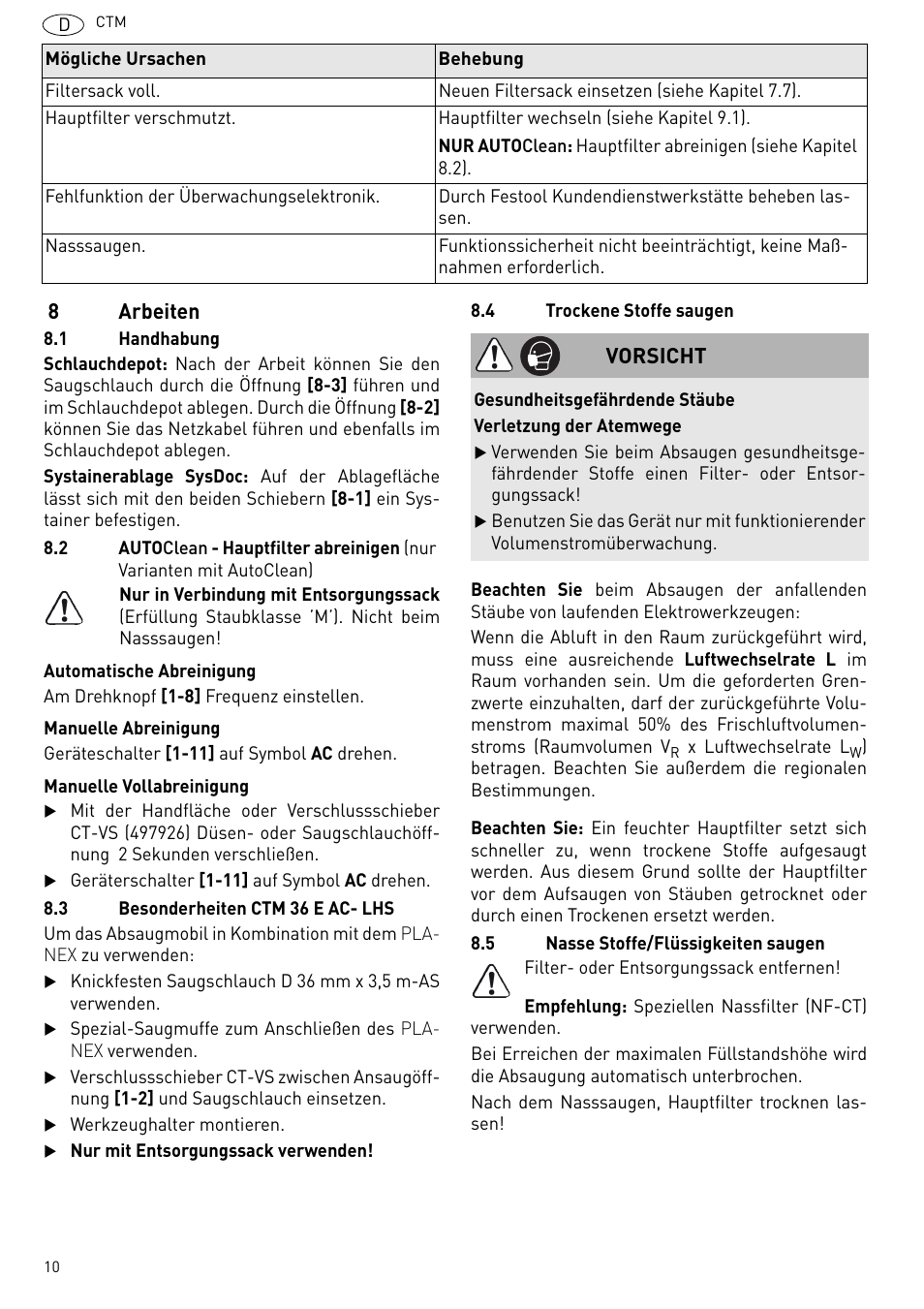 8arbeiten, Vorsicht | Festool CTM 48 E-LE-AC CLEANTEX User Manual | Page 10 / 101