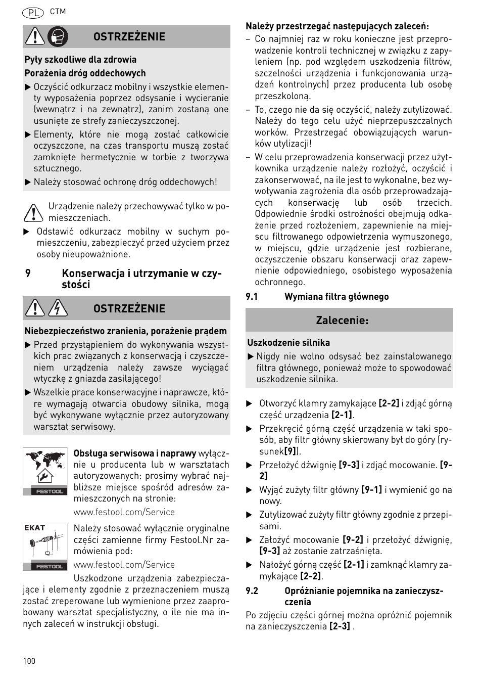 Zdział 9.1), 9konserwacja i utrzymanie w czy- stości, Ostrzeżenie | Zalecenie | Festool CTM 48 E-LE-AC CLEANTEX User Manual | Page 100 / 101