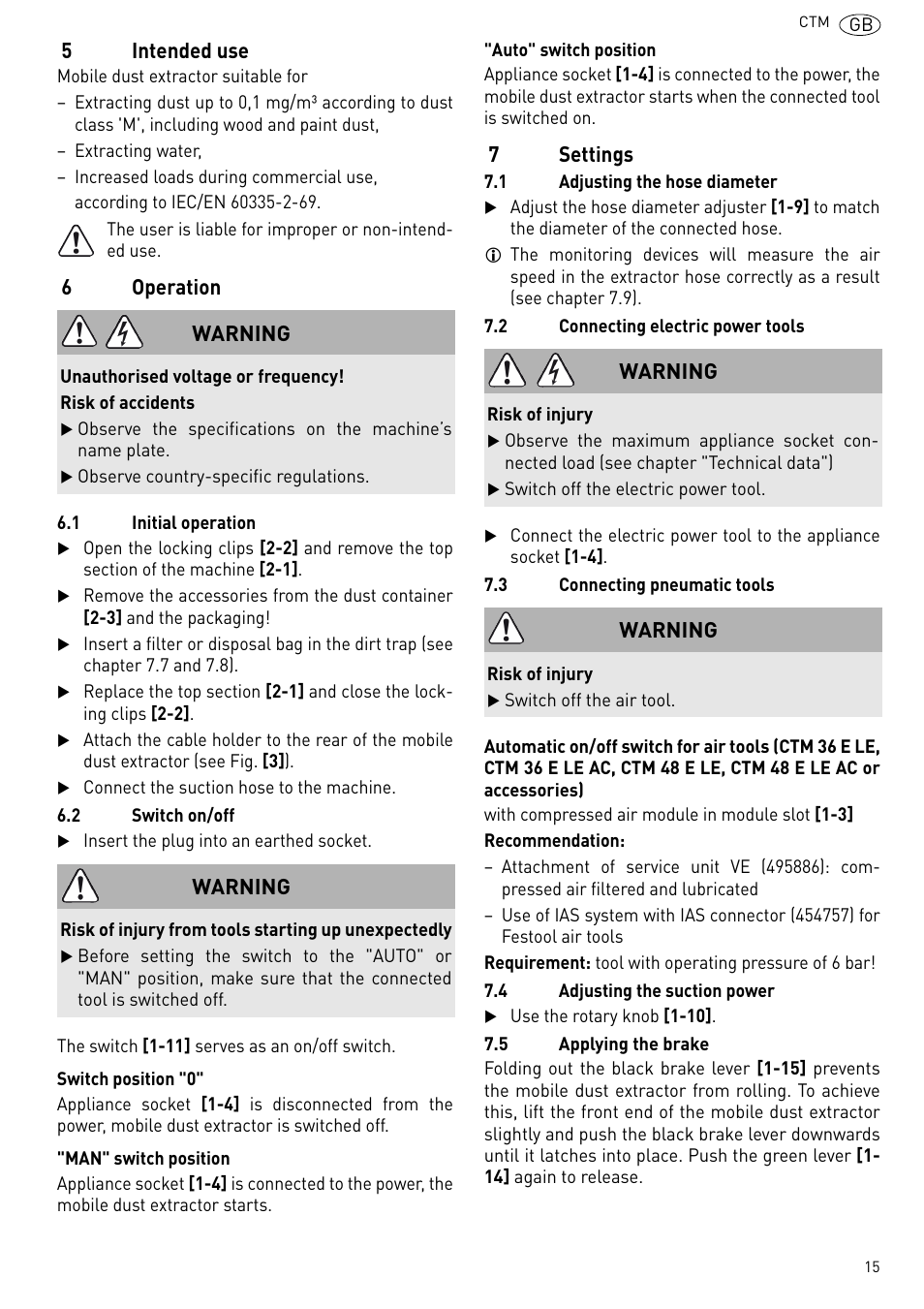 5intended use, 6operation, 7settings | Warning | Festool CTM 48 E-LE-AC CLEANTEX User Manual | Page 15 / 101