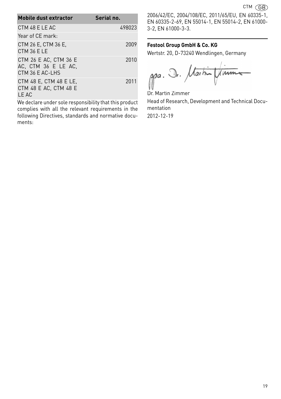 Festool CTM 48 E-LE-AC CLEANTEX User Manual | Page 19 / 101