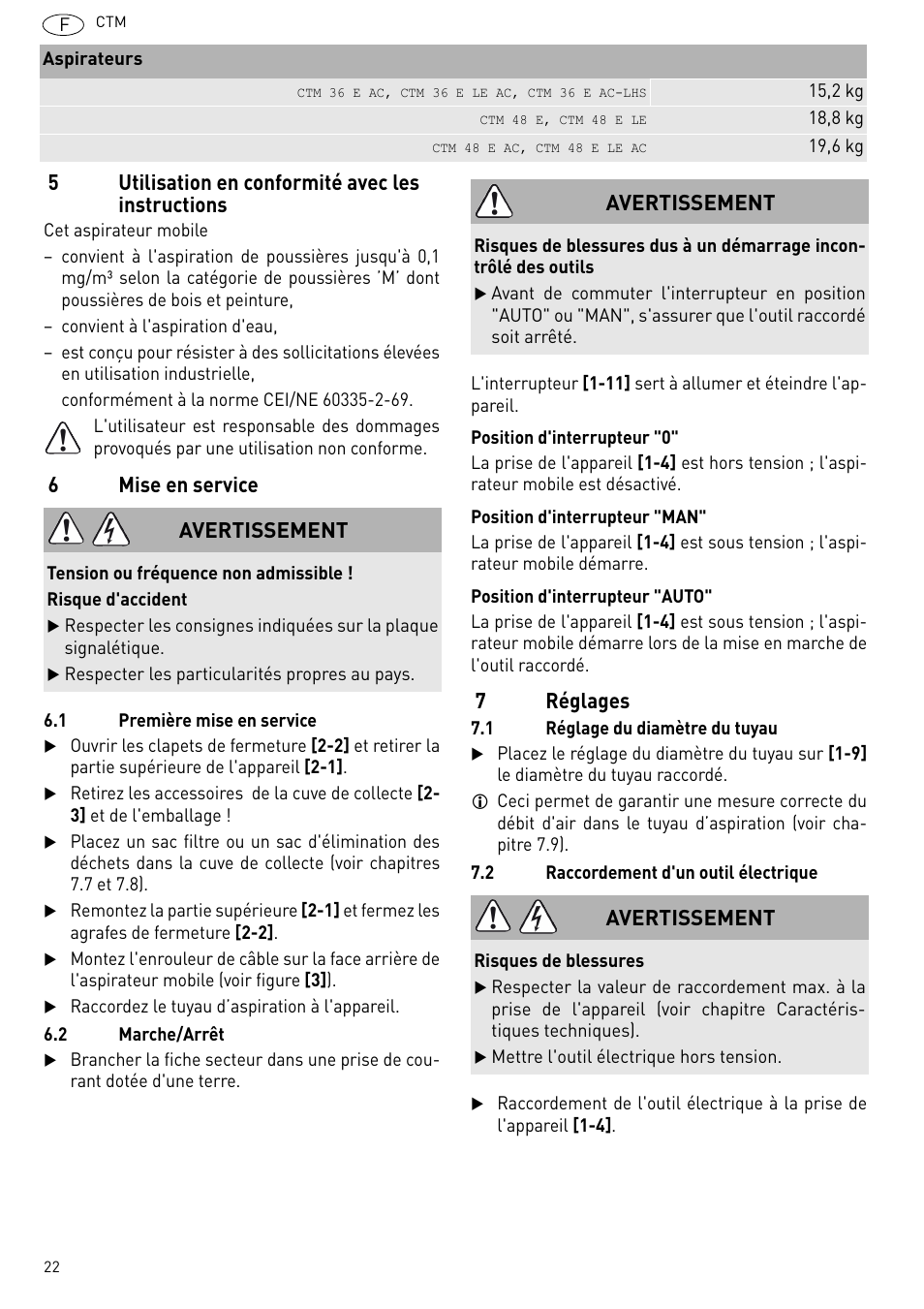 5utilisation en conformité avec les instructions, 6mise en service, 7réglages | Avertissement | Festool CTM 48 E-LE-AC CLEANTEX User Manual | Page 22 / 101
