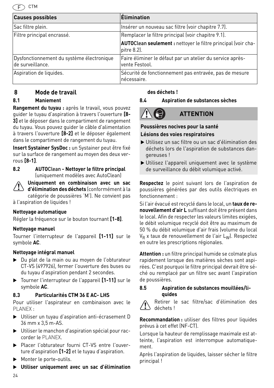 8mode de travail, Attention | Festool CTM 48 E-LE-AC CLEANTEX User Manual | Page 24 / 101