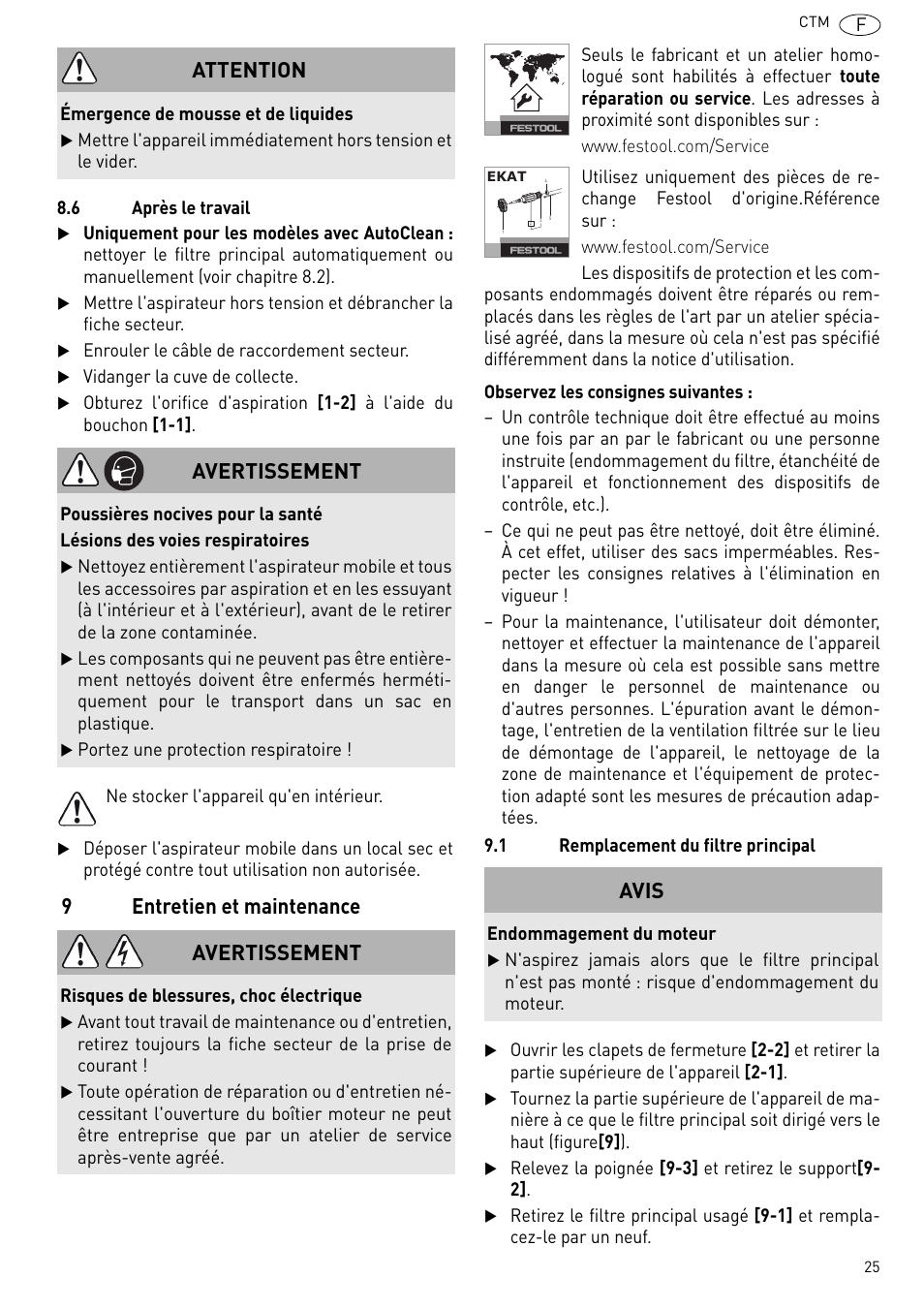 9entretien et maintenance, Attention, Avertissement | Avis | Festool CTM 48 E-LE-AC CLEANTEX User Manual | Page 25 / 101