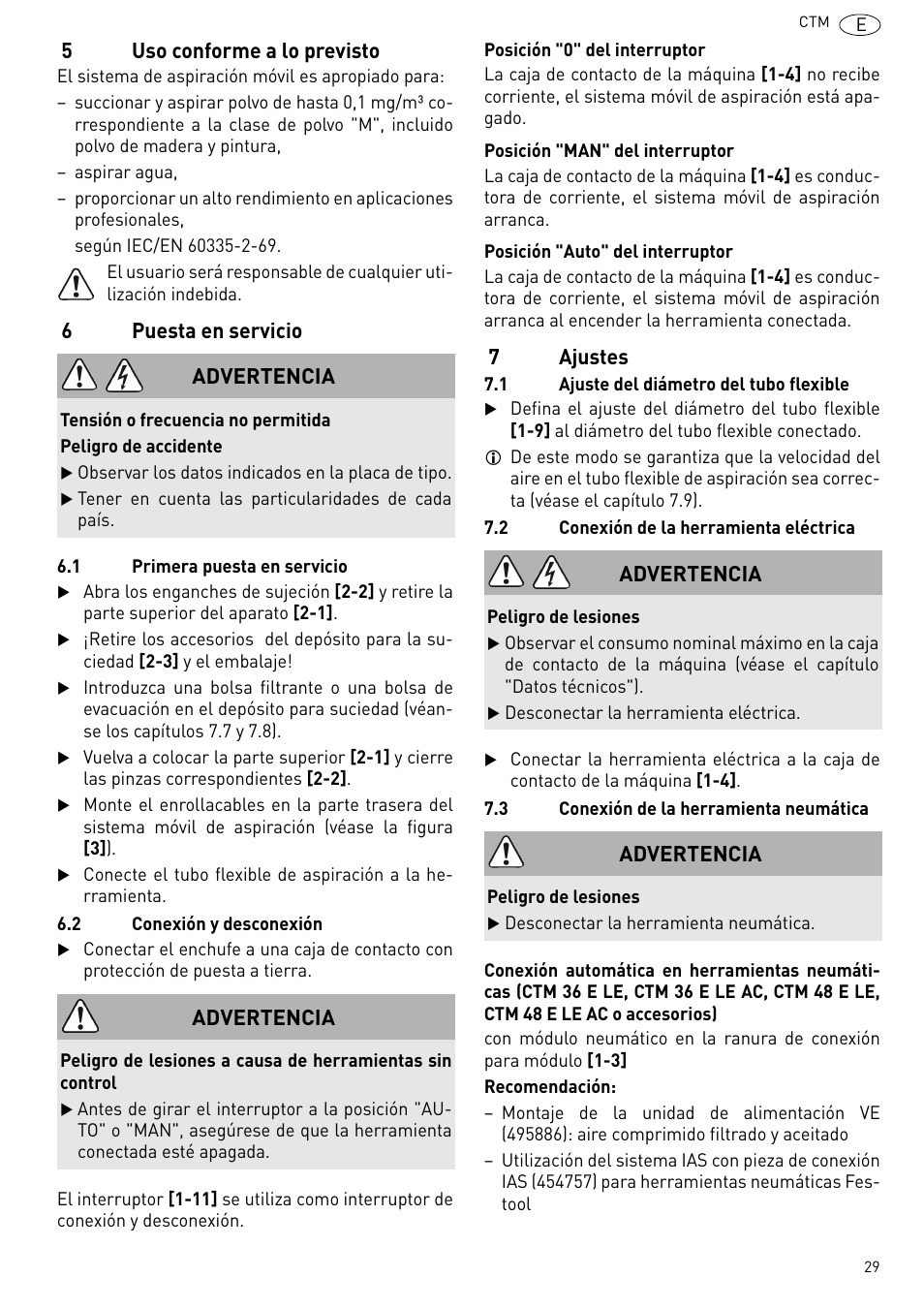 5uso conforme a lo previsto, 6puesta en servicio, 7ajustes | Advertencia | Festool CTM 48 E-LE-AC CLEANTEX User Manual | Page 29 / 101