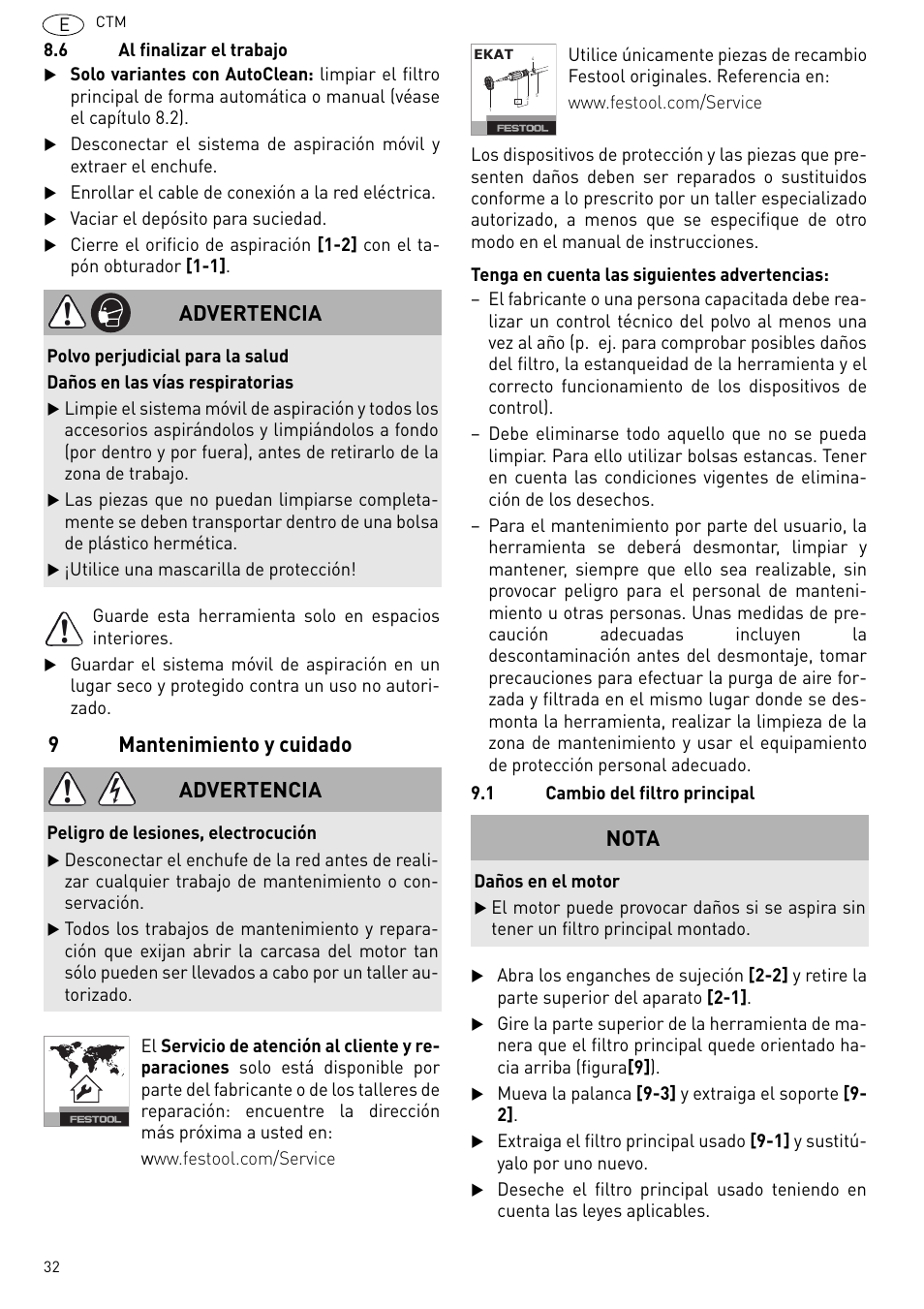9mantenimiento y cuidado, Advertencia, Nota | Festool CTM 48 E-LE-AC CLEANTEX User Manual | Page 32 / 101