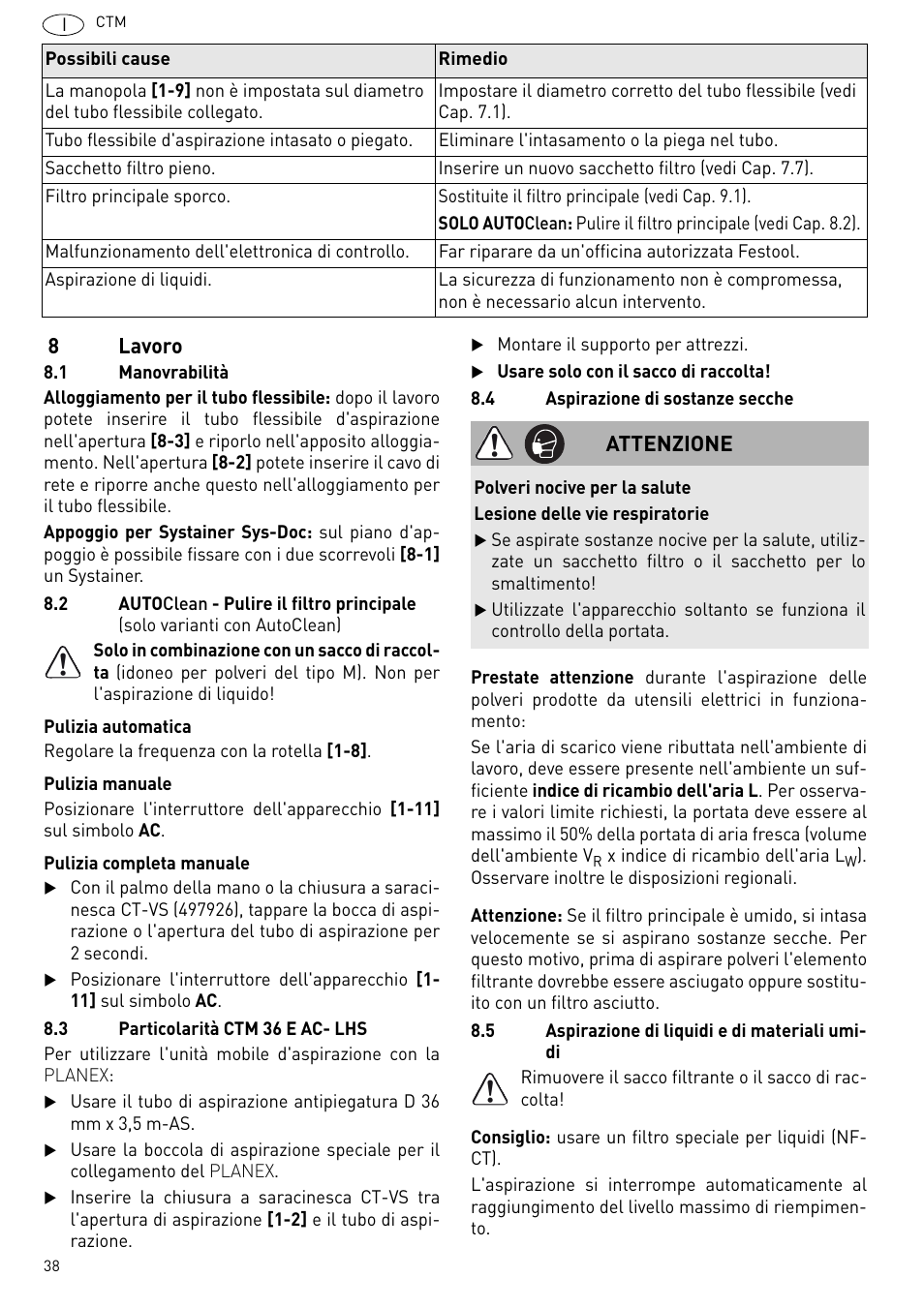 8lavoro, Attenzione | Festool CTM 48 E-LE-AC CLEANTEX User Manual | Page 38 / 101