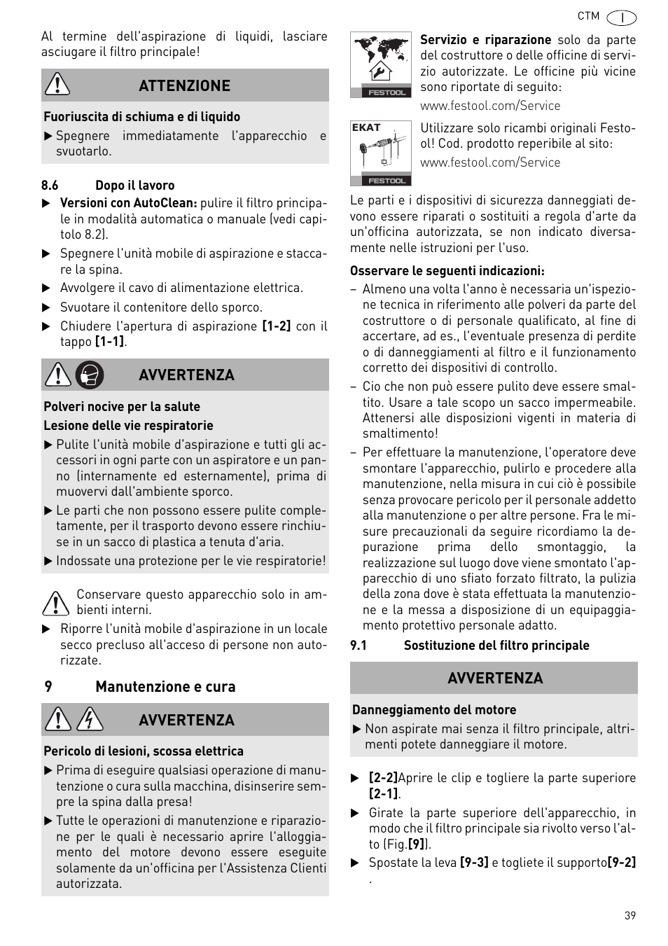 Edi cap. 9.1), 9manutenzione e cura, Attenzione | Avvertenza | Festool CTM 48 E-LE-AC CLEANTEX User Manual | Page 39 / 101