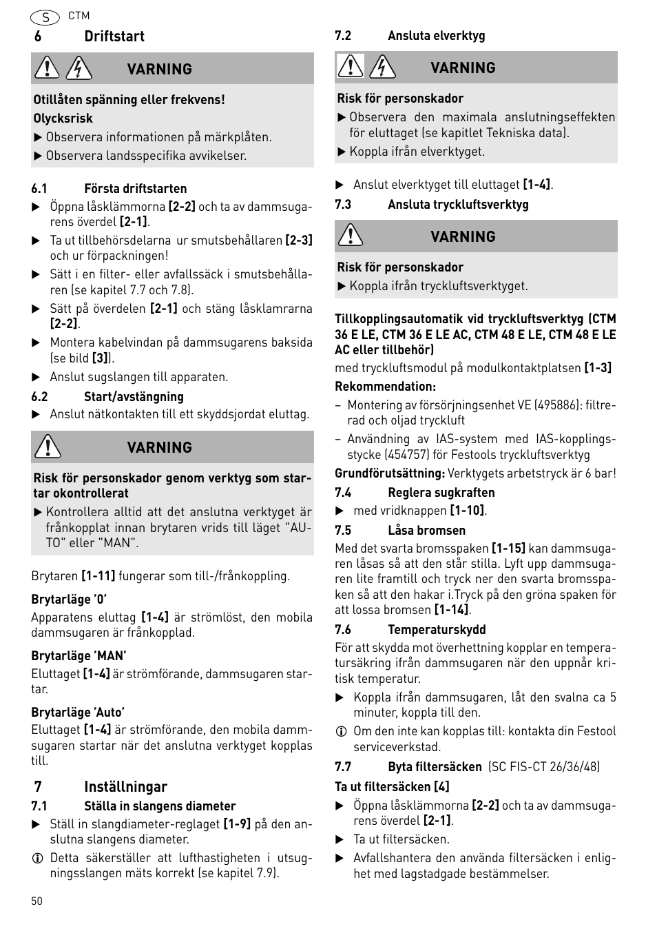 6driftstart, 7inställningar, Varning | Festool CTM 48 E-LE-AC CLEANTEX User Manual | Page 50 / 101