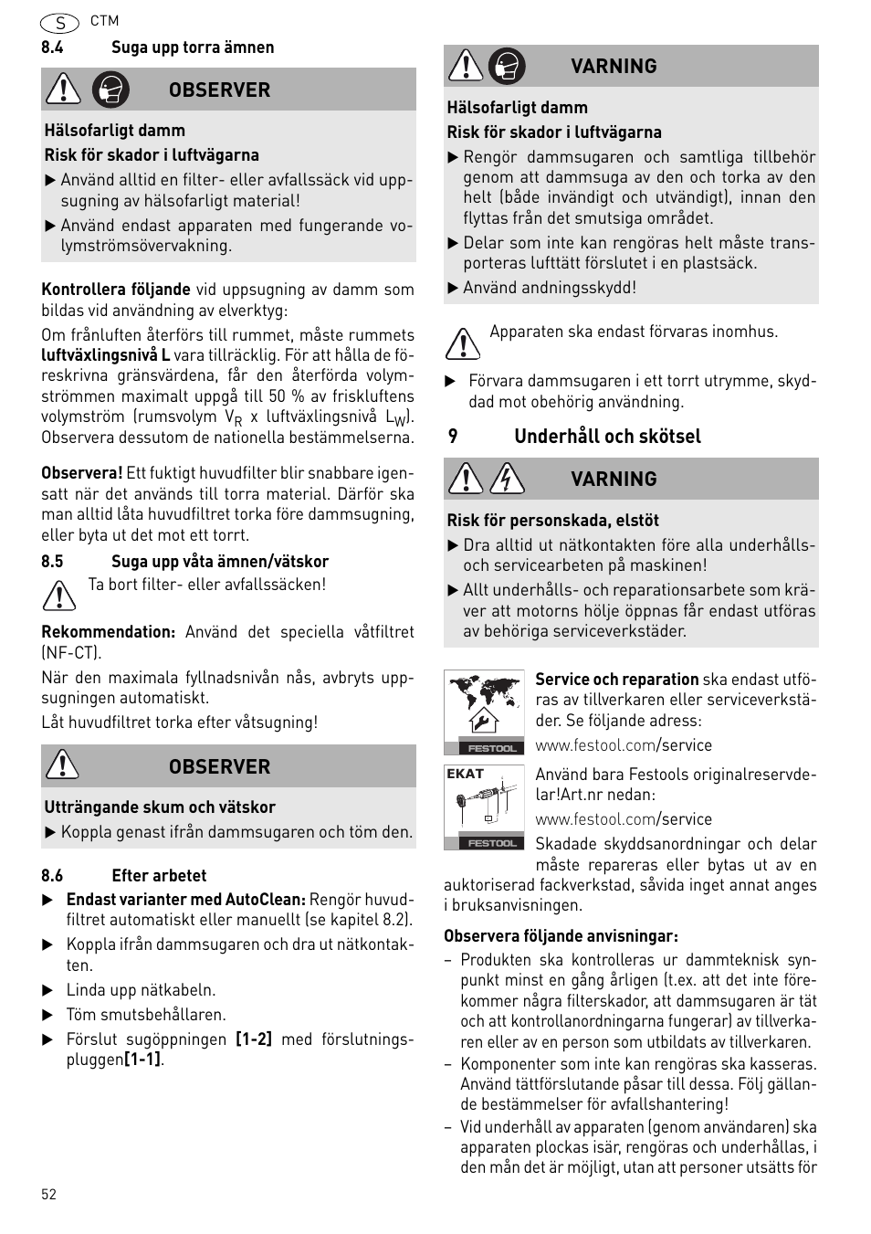 9underhåll och skötsel, Observer, Varning | Festool CTM 48 E-LE-AC CLEANTEX User Manual | Page 52 / 101