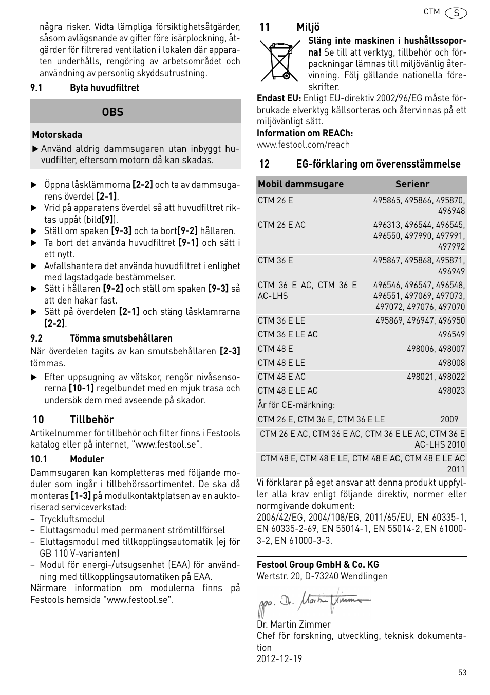L 9.1), 10 tillbehör, 11 miljö | 12 eg-förklaring om överensstämmelse | Festool CTM 48 E-LE-AC CLEANTEX User Manual | Page 53 / 101