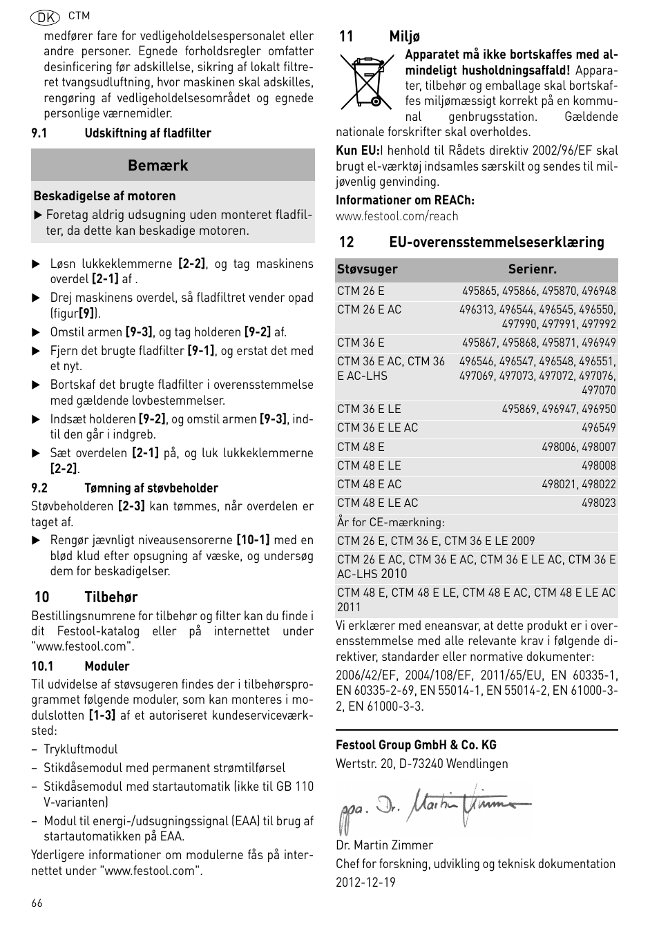L 9.1), 10 tilbehør, 11 miljø | 12 eu-overensstemmelseserklæring, Bemærk | Festool CTM 48 E-LE-AC CLEANTEX User Manual | Page 66 / 101