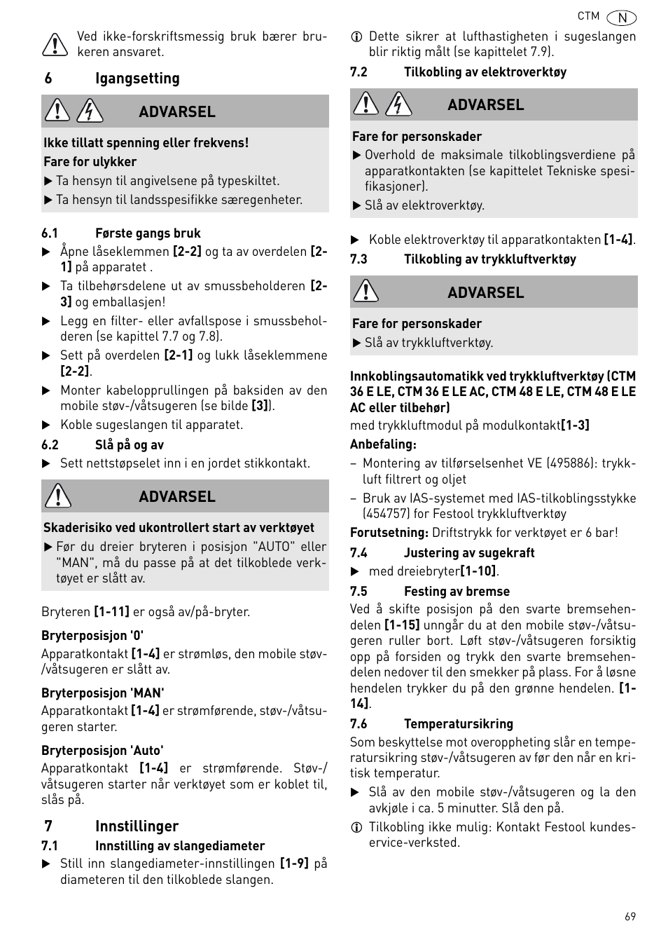 6igangsetting, 7innstillinger, Advarsel | Festool CTM 48 E-LE-AC CLEANTEX User Manual | Page 69 / 101