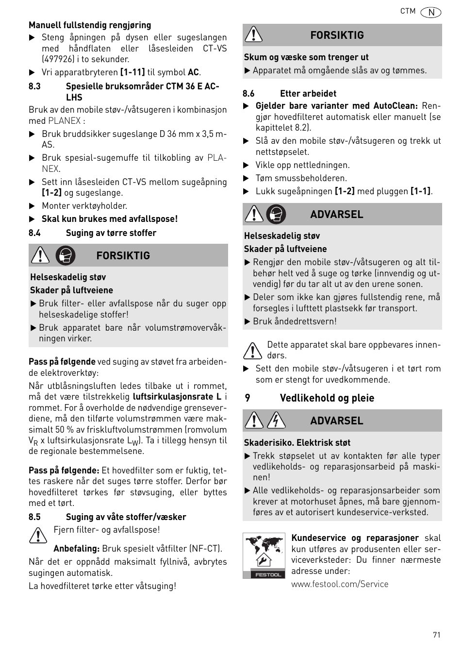 9vedlikehold og pleie, Forsiktig, Advarsel | Festool CTM 48 E-LE-AC CLEANTEX User Manual | Page 71 / 101