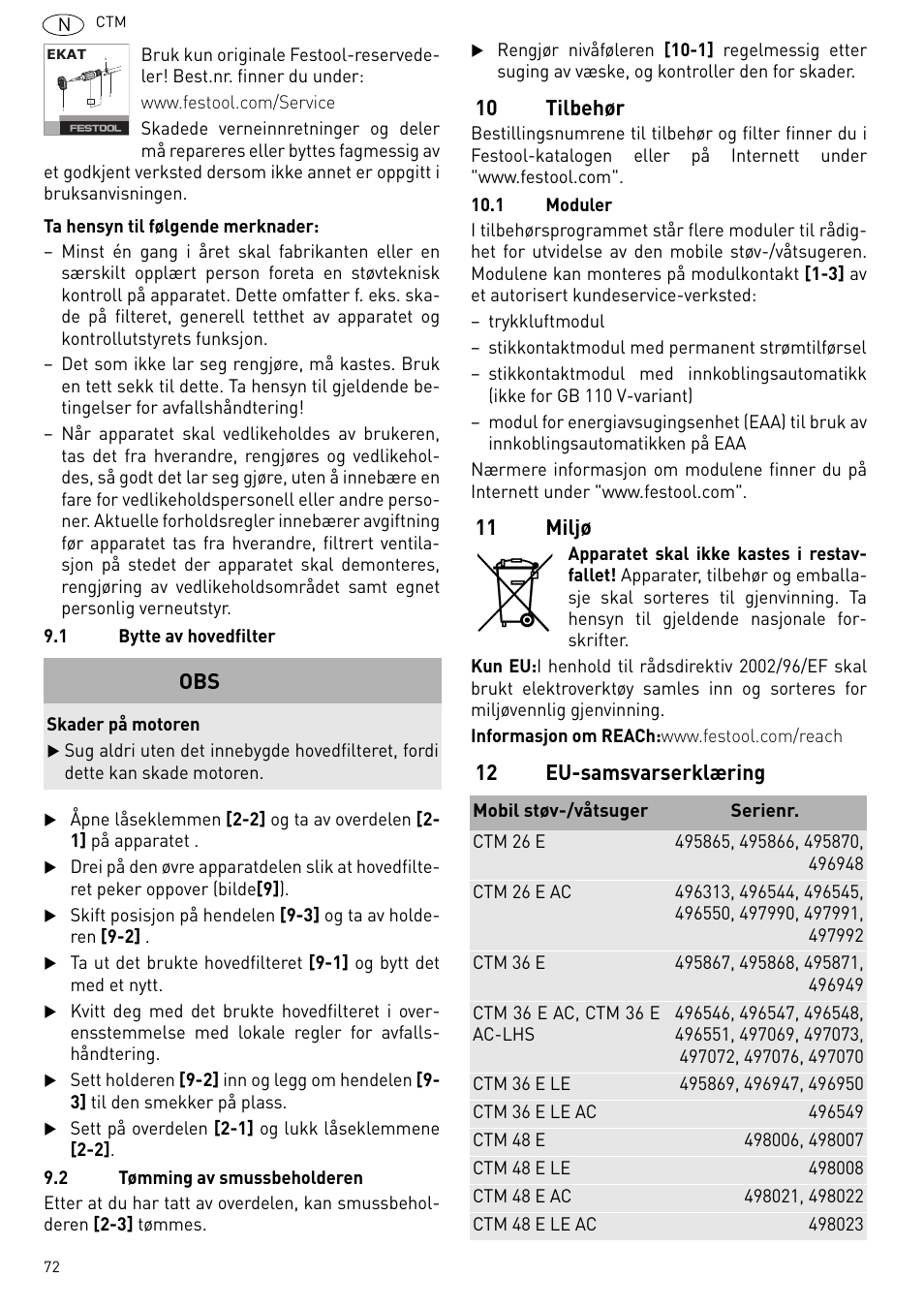10 tilbehør, 11 miljø, 12 eu-samsvarserklæring obs | Festool CTM 48 E-LE-AC CLEANTEX User Manual | Page 72 / 101