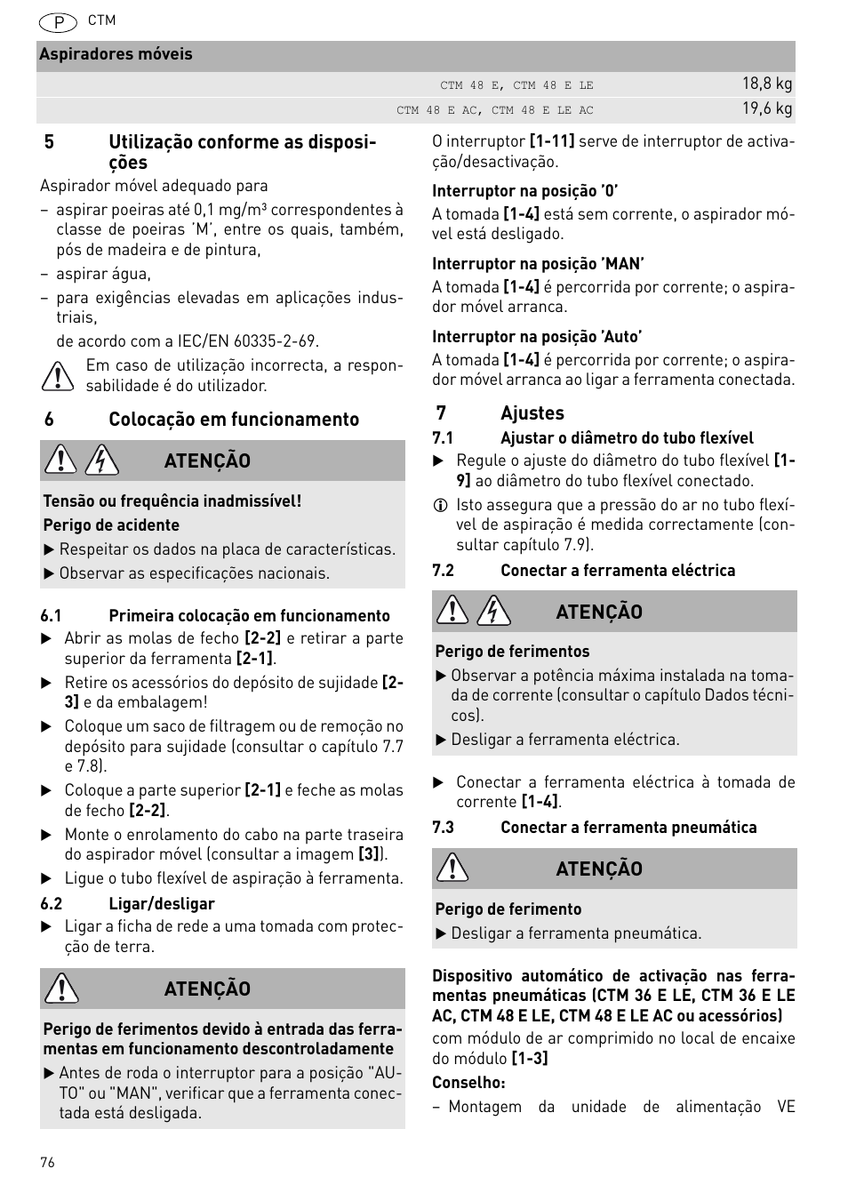 5utilização conforme as disposi- ções, 6colocação em funcionamento, 7ajustes | Atenção | Festool CTM 48 E-LE-AC CLEANTEX User Manual | Page 76 / 101