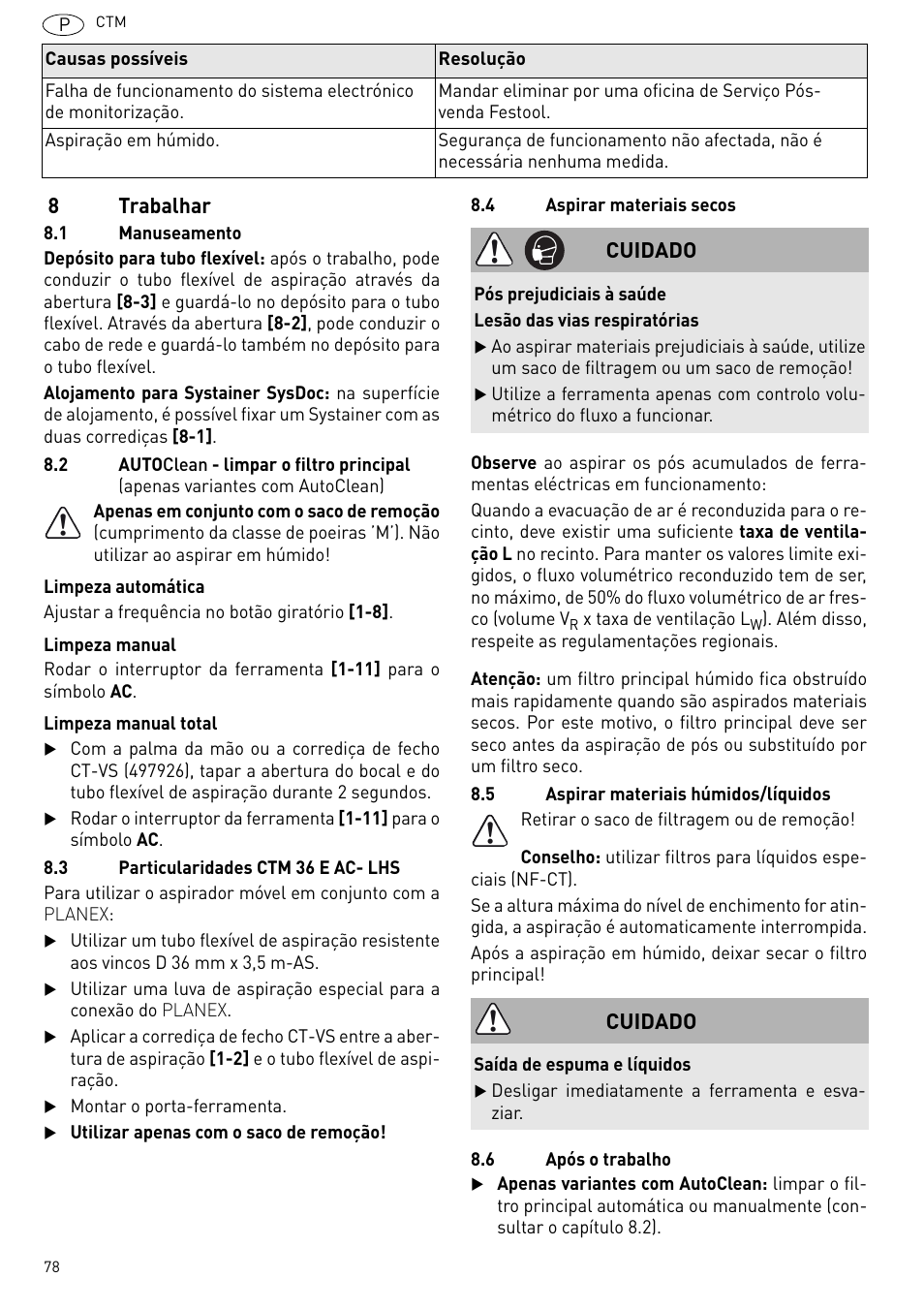 8trabalhar, Cuidado | Festool CTM 48 E-LE-AC CLEANTEX User Manual | Page 78 / 101