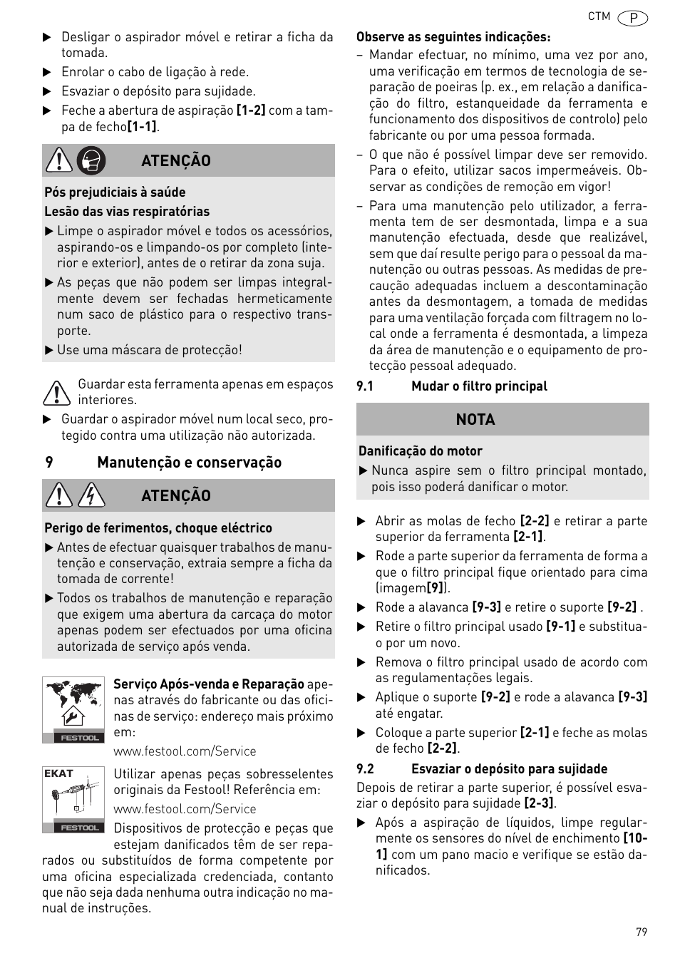 9manutenção e conservação, Atenção, Nota | Festool CTM 48 E-LE-AC CLEANTEX User Manual | Page 79 / 101