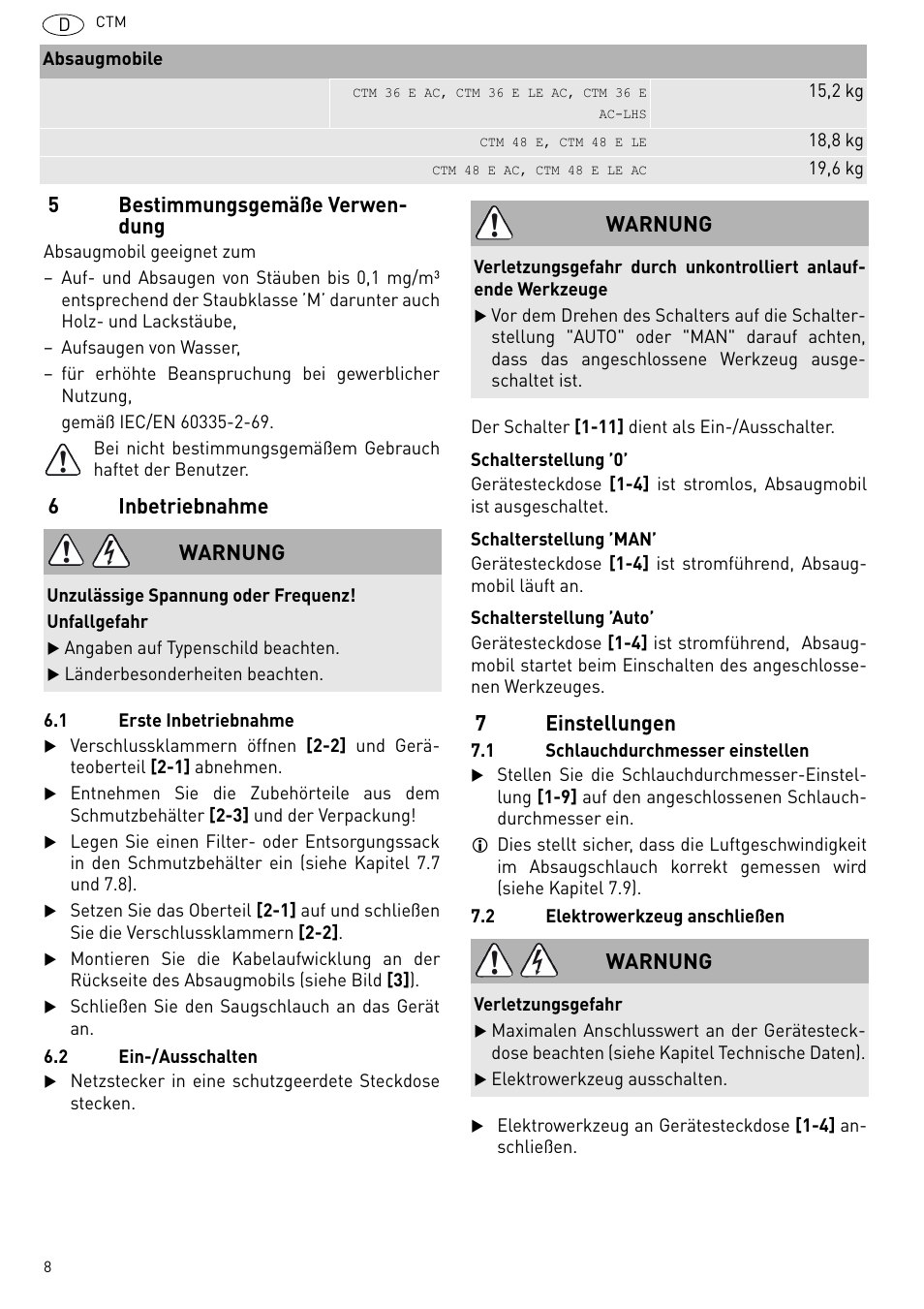 5bestimmungsgemäße verwen- dung, 6inbetriebnahme, 7einstellungen | Warnung | Festool CTM 48 E-LE-AC CLEANTEX User Manual | Page 8 / 101