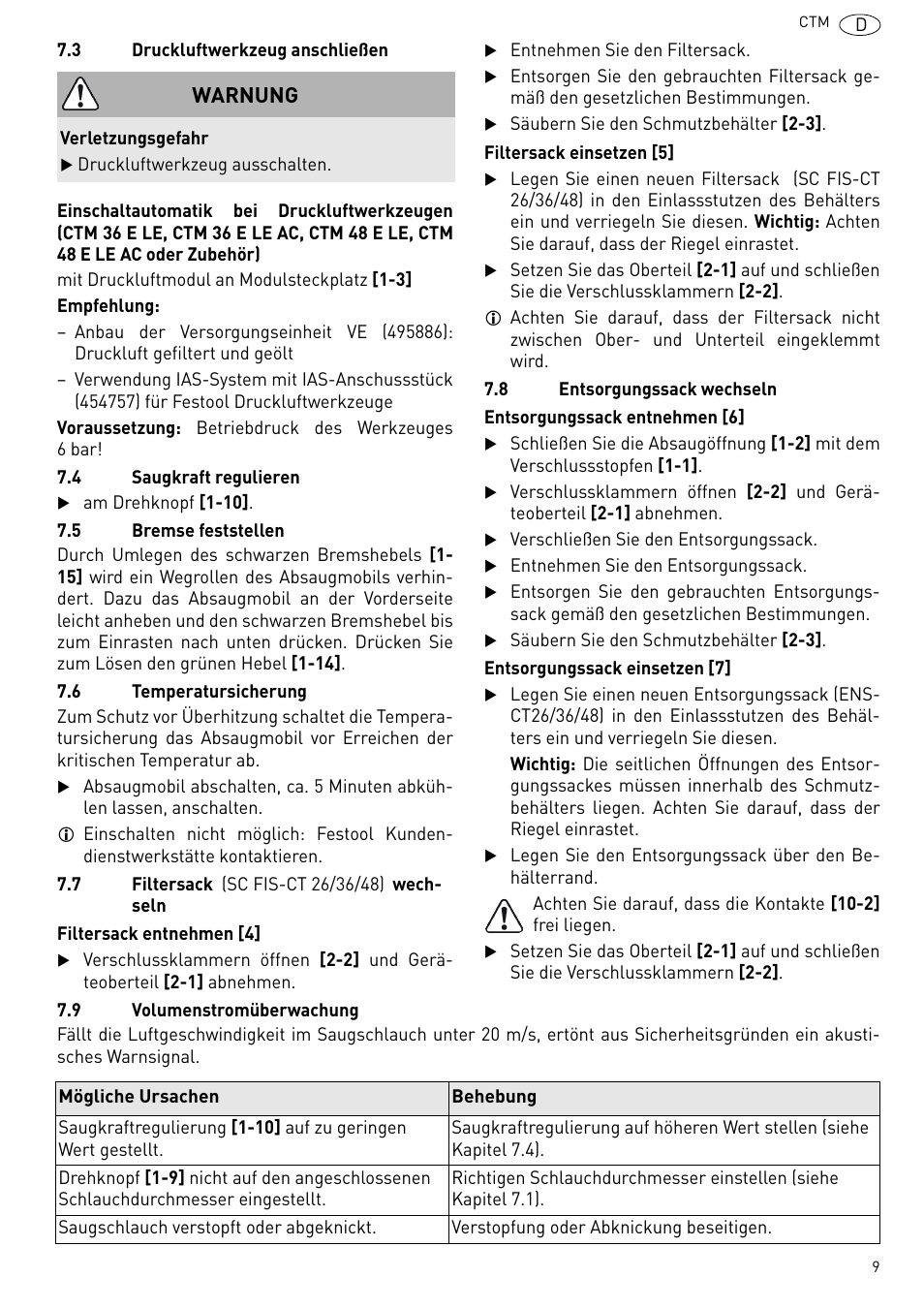 Warnung | Festool CTM 48 E-LE-AC CLEANTEX User Manual | Page 9 / 101