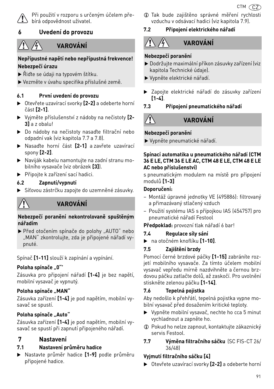 6uvedení do provozu, 7nastavení, Varování | Festool CTM 48 E-LE-AC CLEANTEX User Manual | Page 91 / 101
