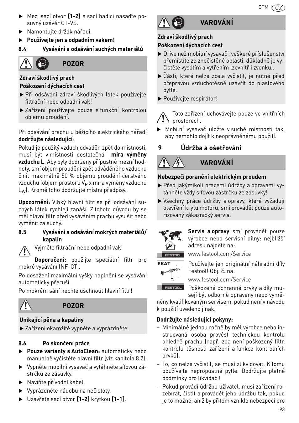 9údržba a ošetřování, Pozor, Varování | Festool CTM 48 E-LE-AC CLEANTEX User Manual | Page 93 / 101