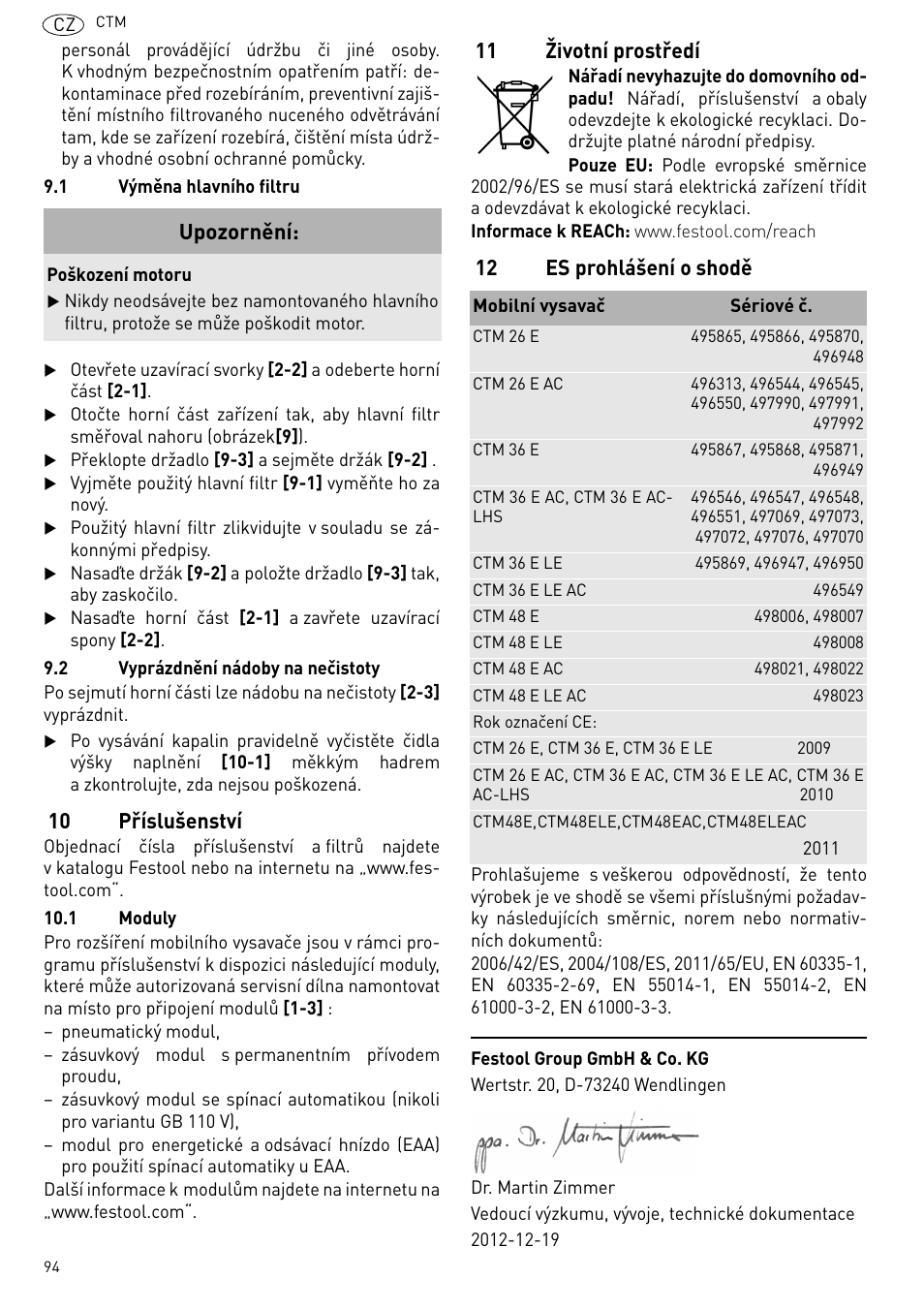 La 9.1), 10 příslušenství, 11 životní prostředí | 12 es prohlášení o shodě, Upozornění | Festool CTM 48 E-LE-AC CLEANTEX User Manual | Page 94 / 101
