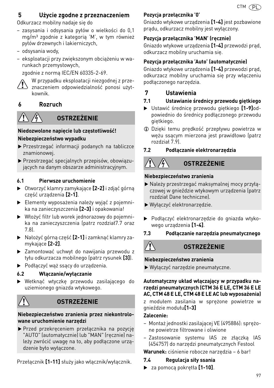 5użycie zgodne z przeznaczeniem, 6rozruch, 7ustawienia | Ostrzeżenie | Festool CTM 48 E-LE-AC CLEANTEX User Manual | Page 97 / 101