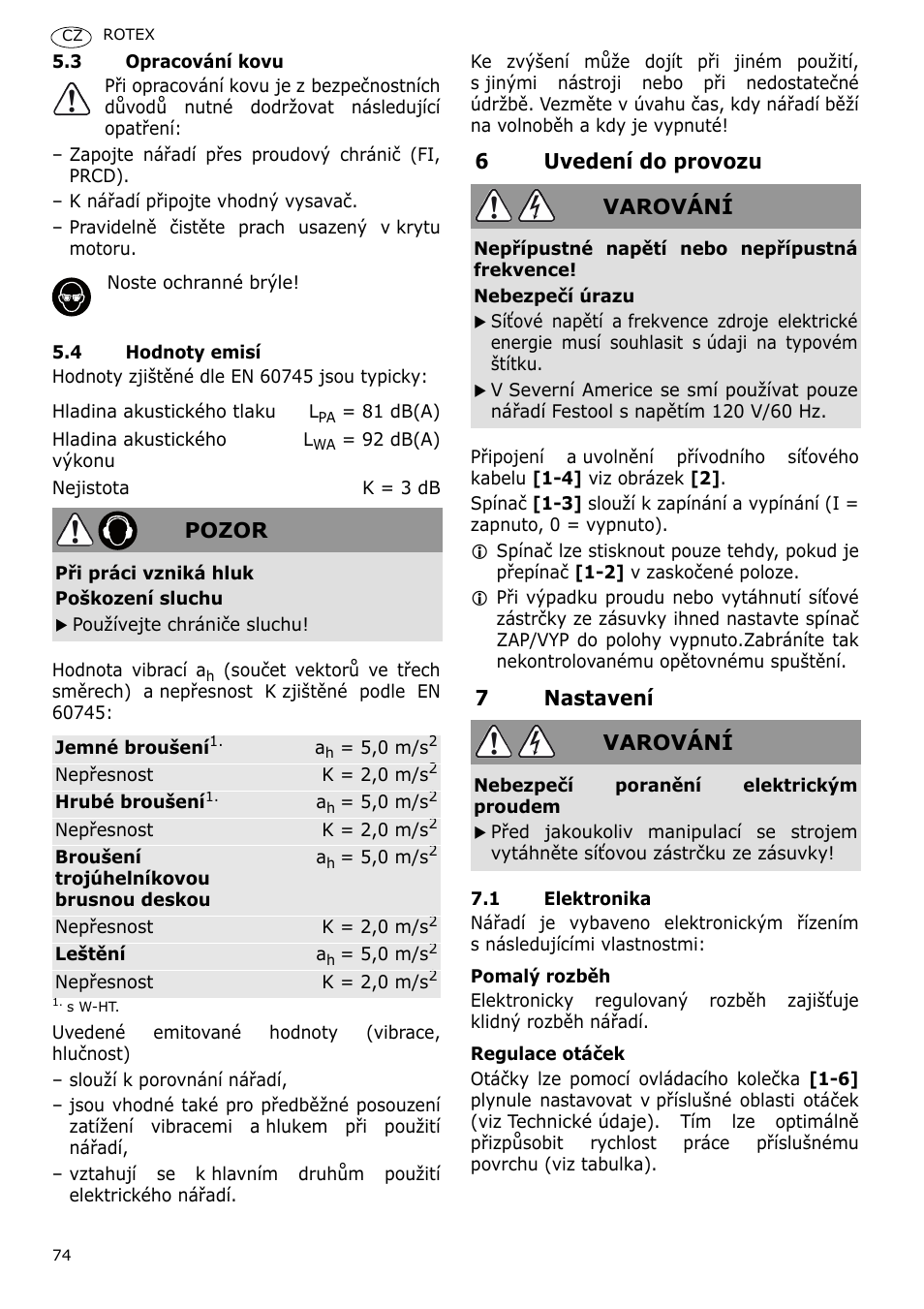 6uvedení do provozu, 7nastavení, Pozor | Varování | Festool RO 90 DX FEQ User Manual | Page 74 / 83