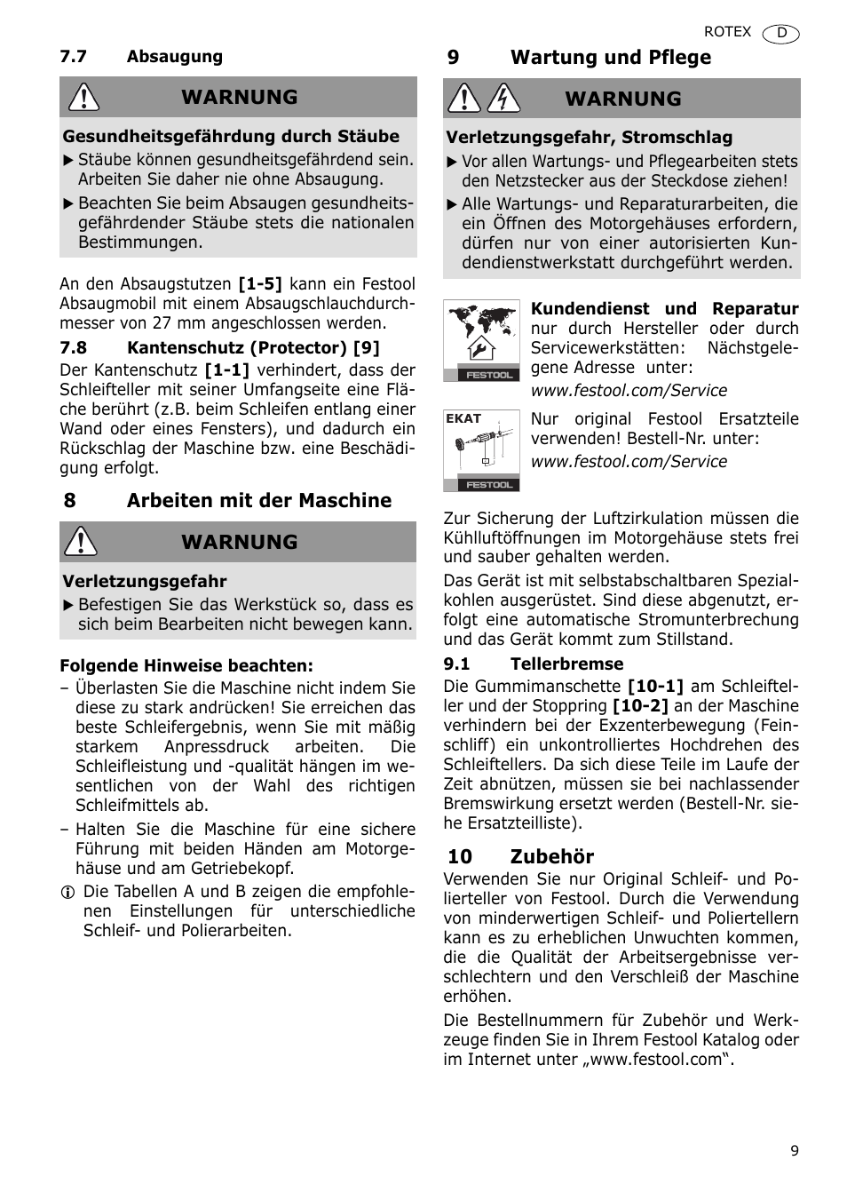 8arbeiten mit der maschine, 9wartung und pflege, 10 zubehör | Warnung | Festool RO 90 DX FEQ User Manual | Page 9 / 83