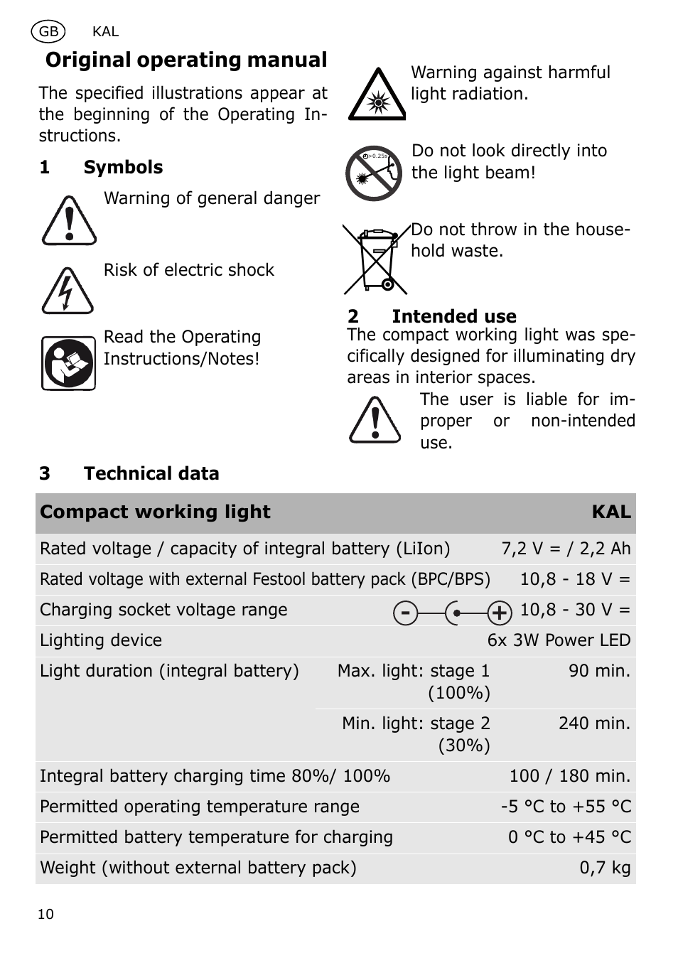 Original operating manual | Festool KAL User Manual | Page 10 / 79