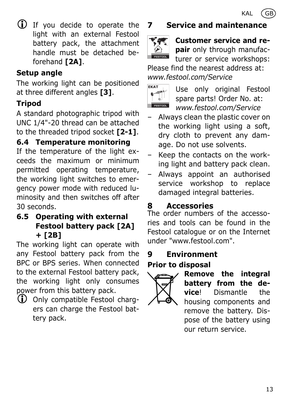 7service and maintenance, 8accessories, 9environment | Festool KAL User Manual | Page 13 / 79