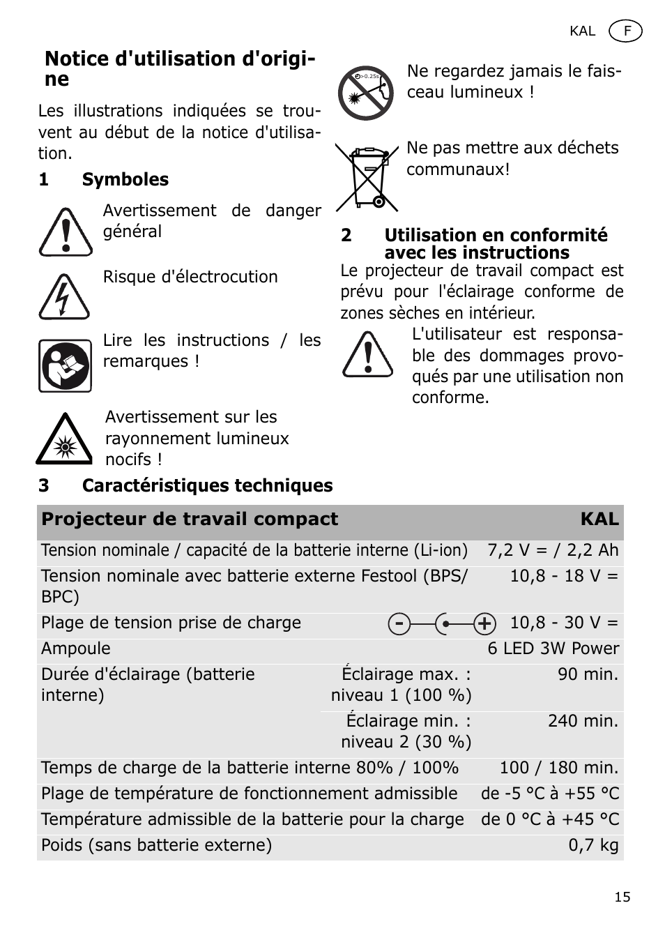 Notice d'utilisation d'origi- ne | Festool KAL User Manual | Page 15 / 79