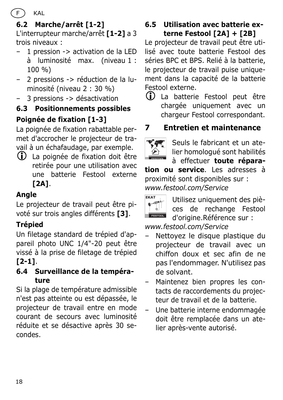 7entretien et maintenance | Festool KAL User Manual | Page 18 / 79