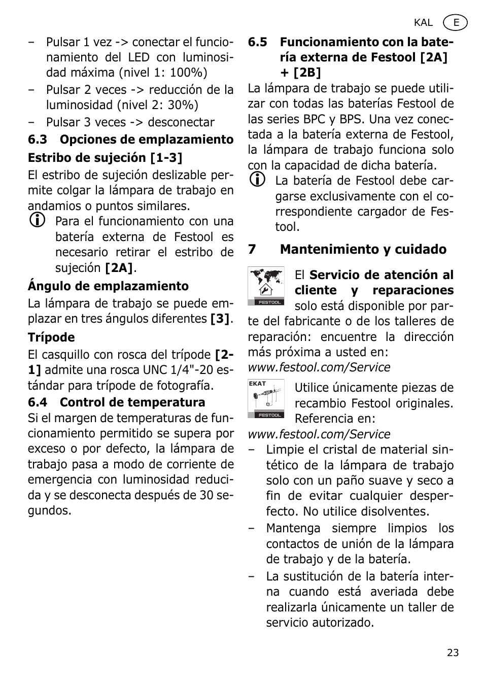 7mantenimiento y cuidado | Festool KAL User Manual | Page 23 / 79