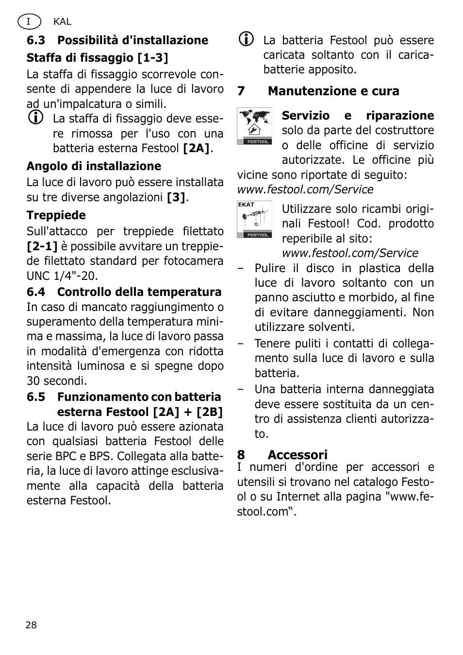 7manutenzione e cura, 8accessori | Festool KAL User Manual | Page 28 / 79